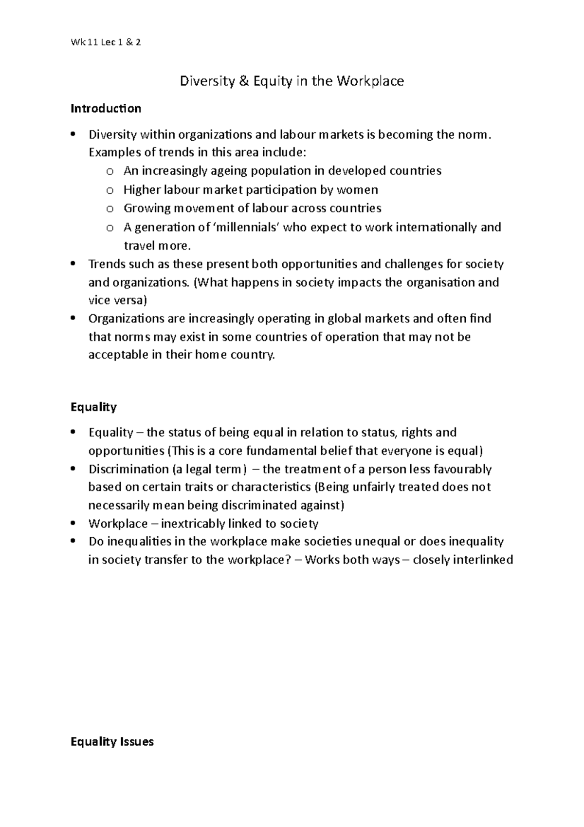 Wk 11 Lec 1 and 2 Notes - Diversity & Equity in the Workplace ...