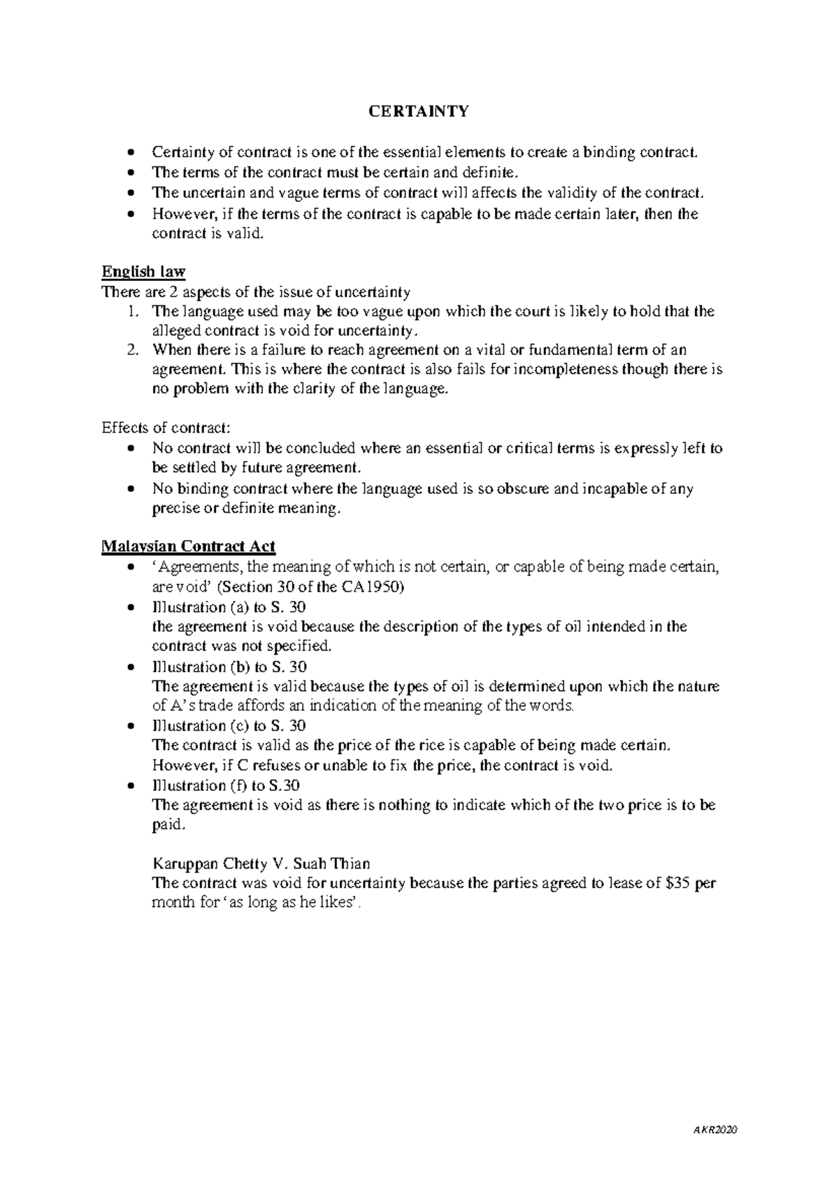Notes on Certainty in Contracts (AKR) - Studocu