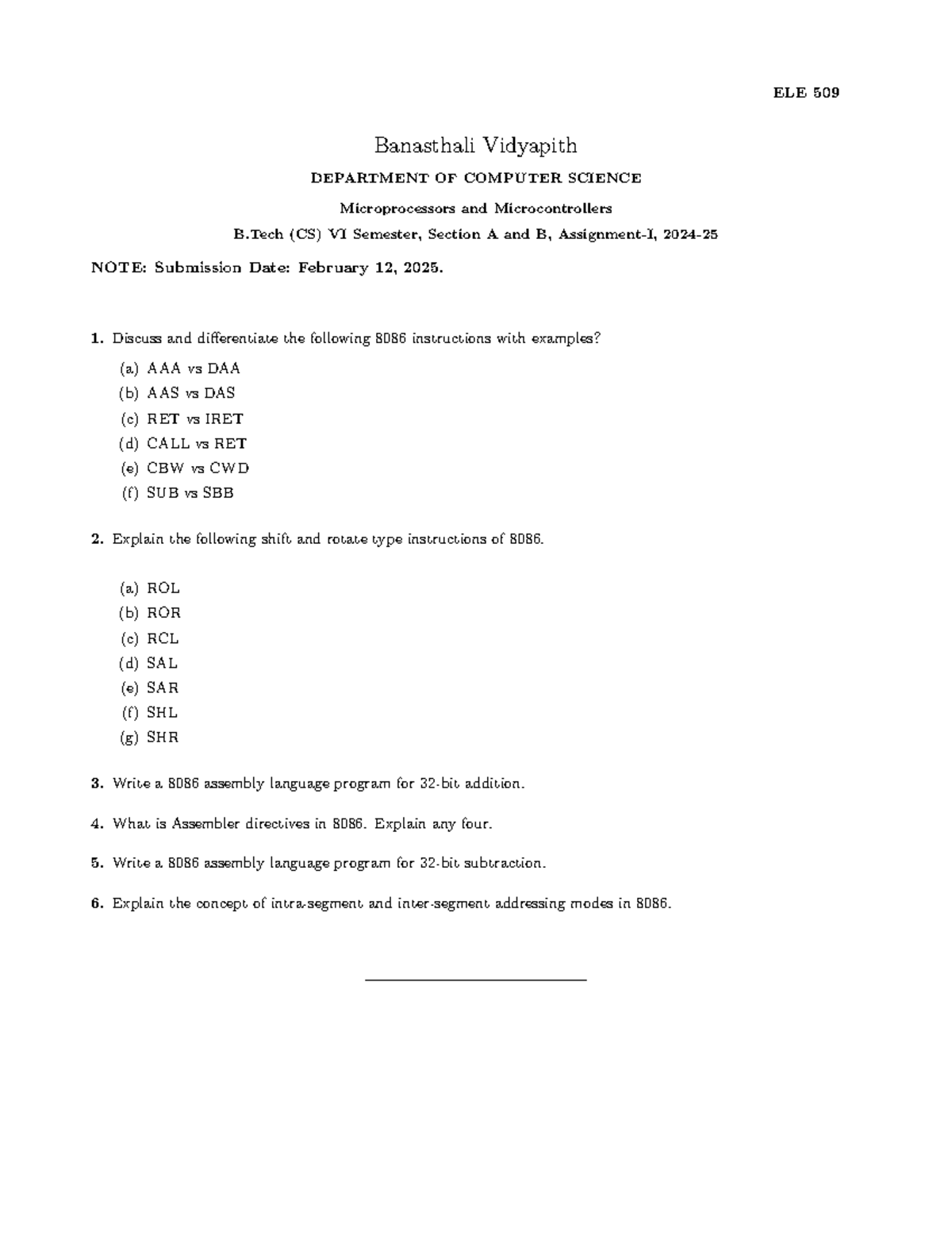 ELE 509 Microprocessors & Microcontrollers Assignment I 2024-25 - Studocu