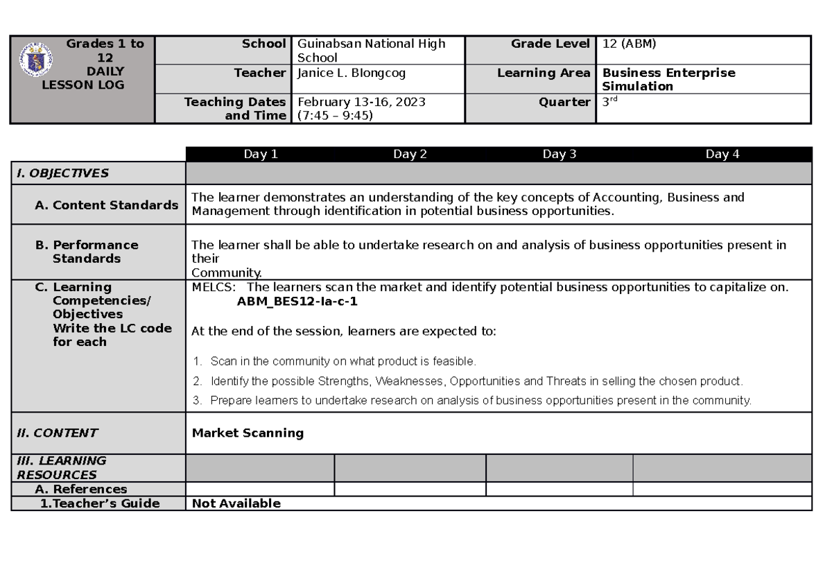Week 1 Q3 Business Enterprise Simulation - Daily Lesson Log - Studocu