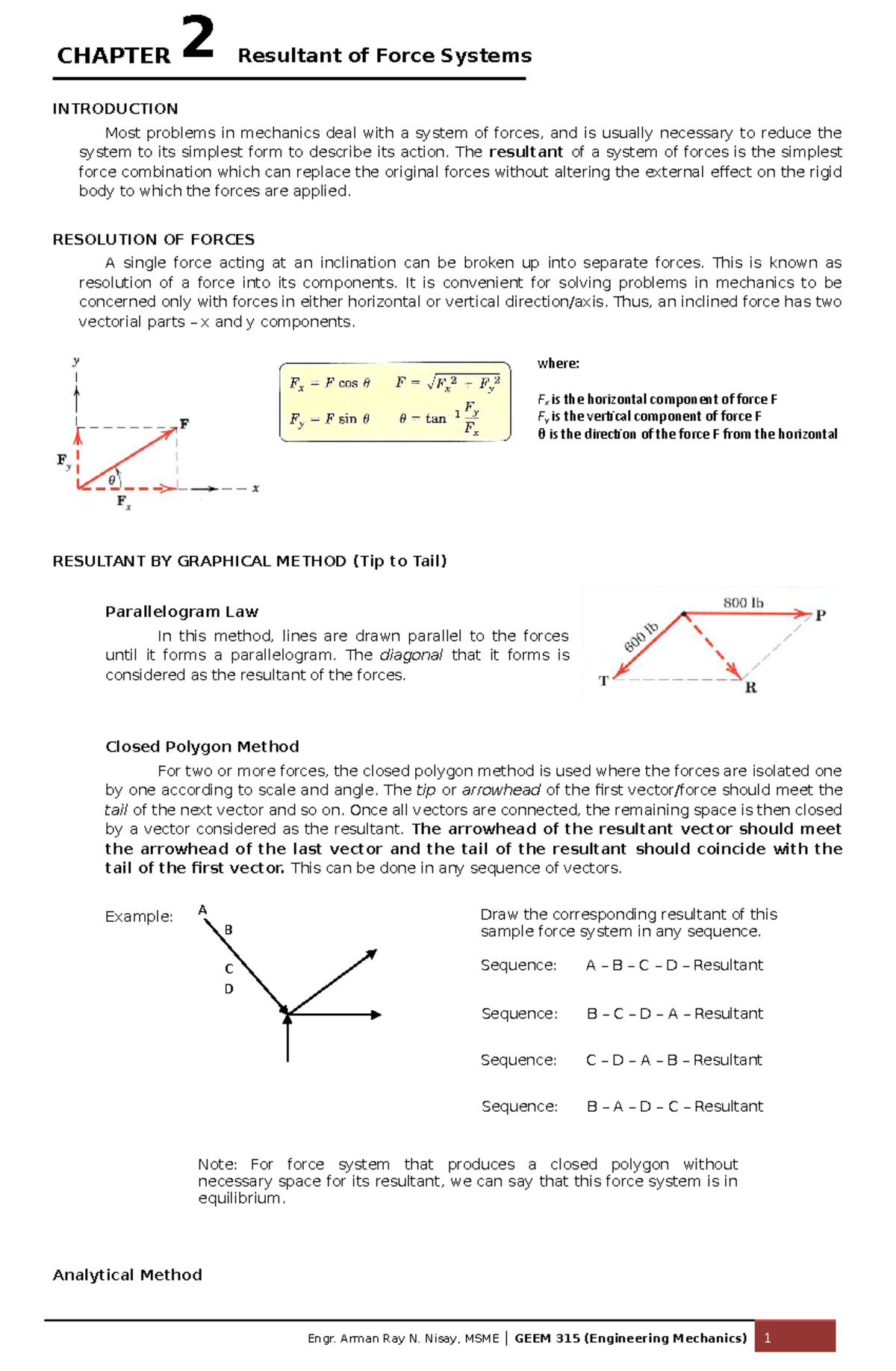 Eng'g Mechanics 2: Resultant of Force Systems and Applications - Studocu