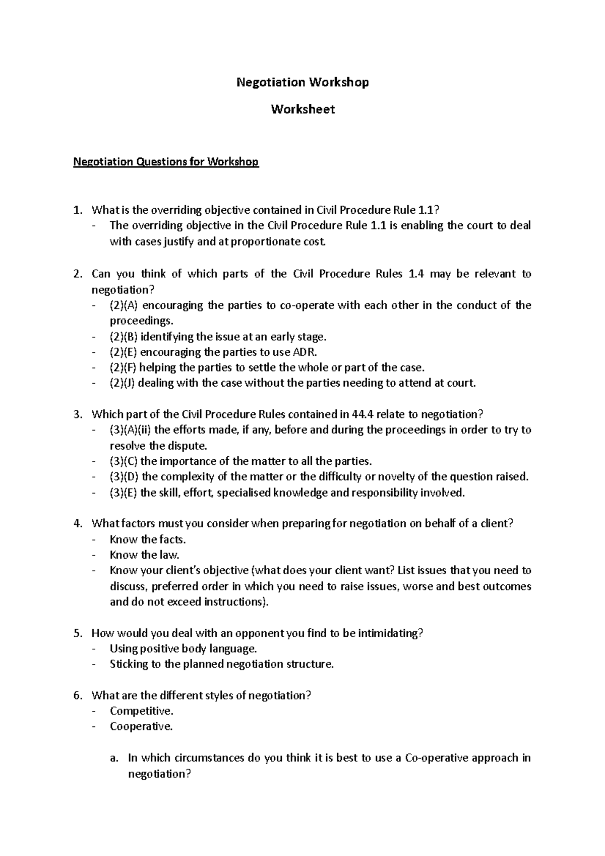 Negotiation Workshop Worksheet for Effective ADR Strategies - Studocu