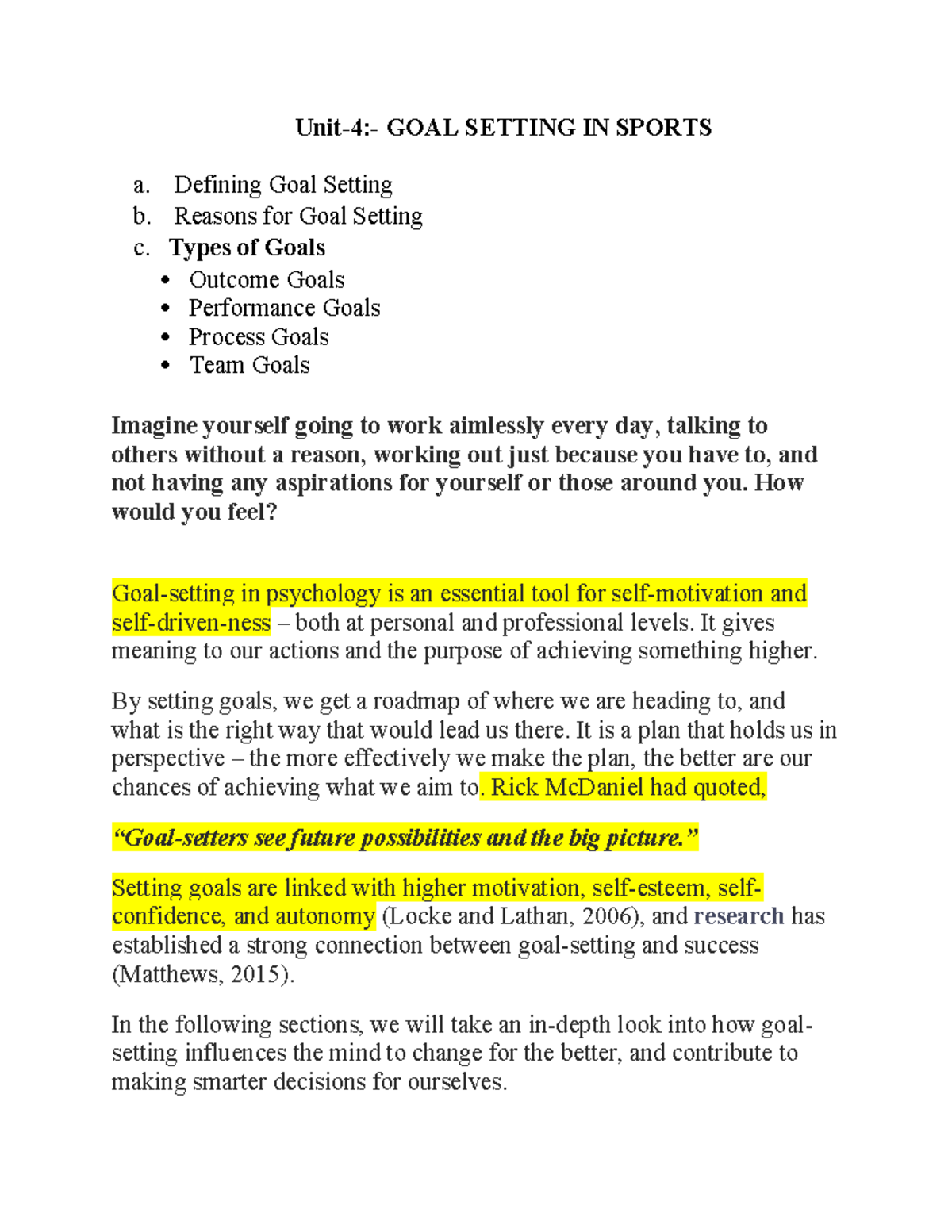Unit 4: Goal Setting in Sports - Understanding and Application - Studocu
