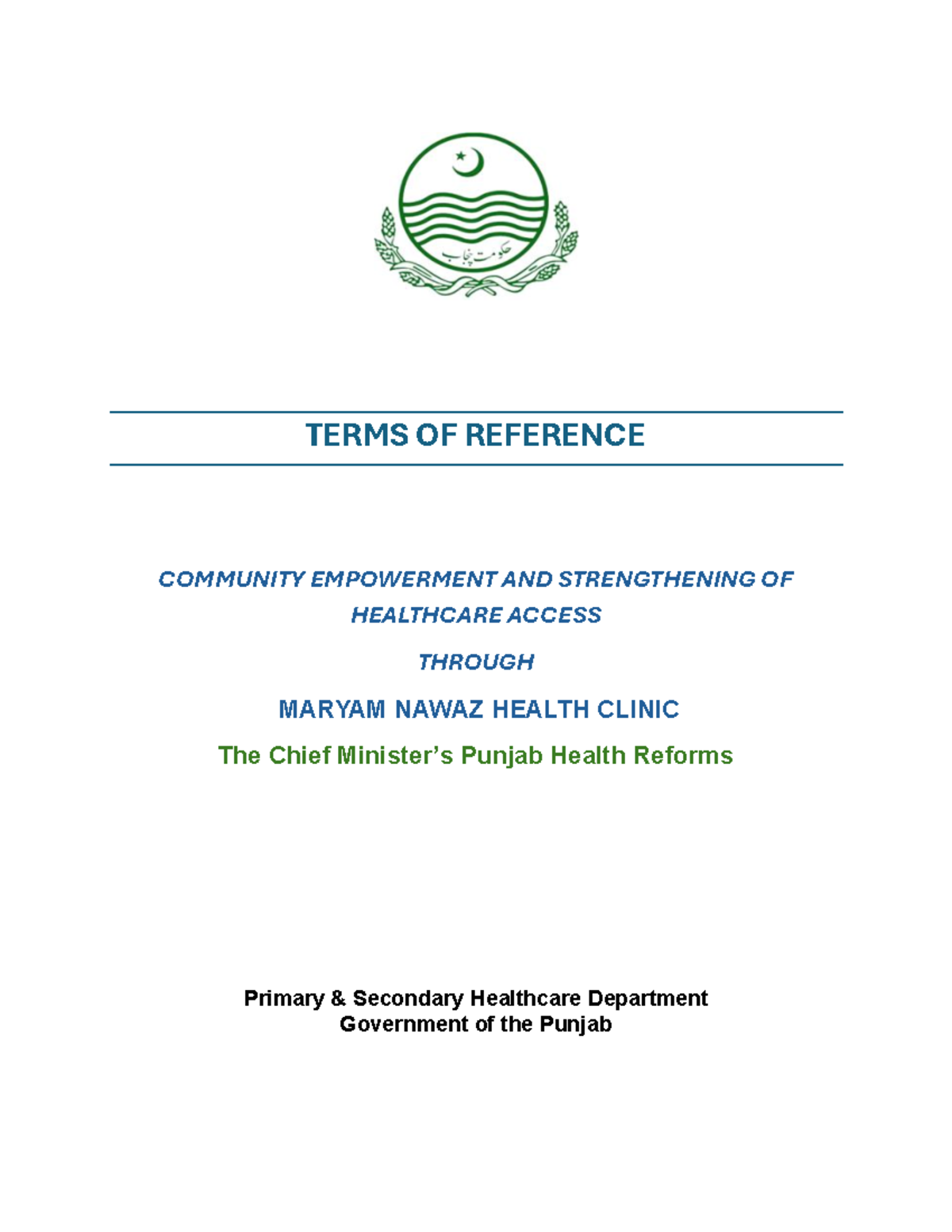 TERMS OF REFERENCE FOR MARYAM NAWAZ HEALTH CLINIC INITIATIVE - Studocu