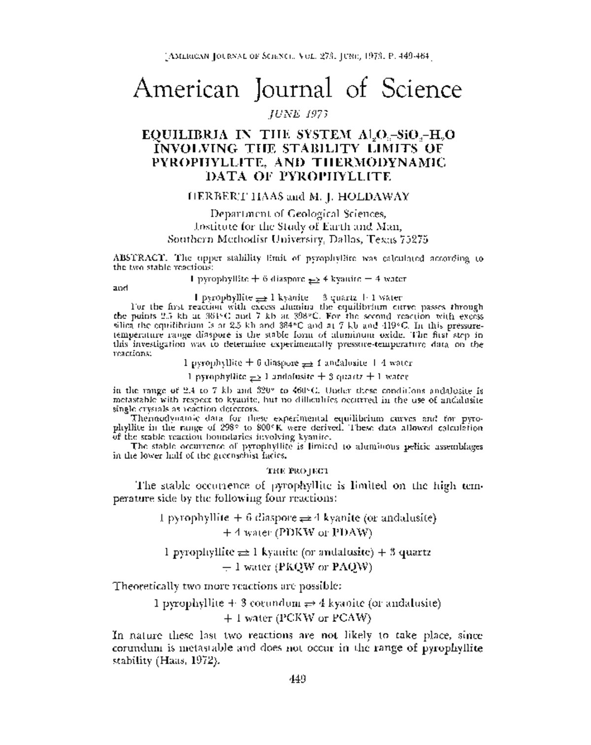 Equilibria in the System Al2O3-SiO2-H2O: Stability Limits of ...