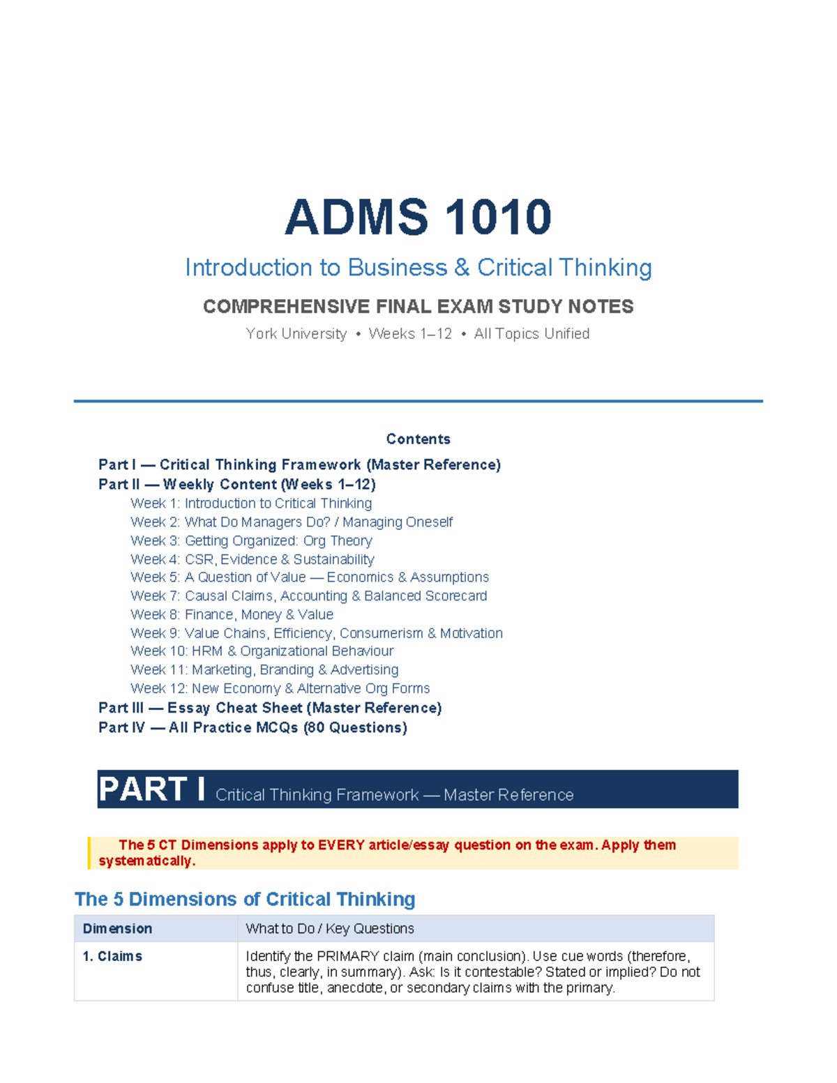 ADMS 1010 Comprehensive Final Exam Study Notes on Business Critical ...