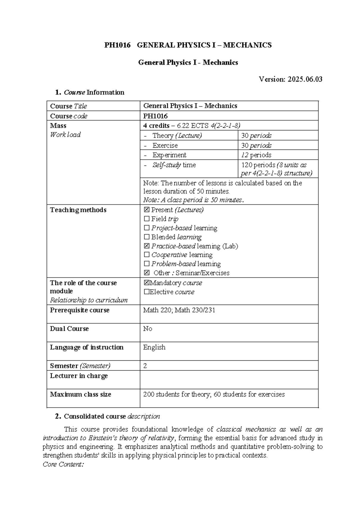PH1016 GENERAL PHYSICS I MECHANICS Course Overview and Learning ...