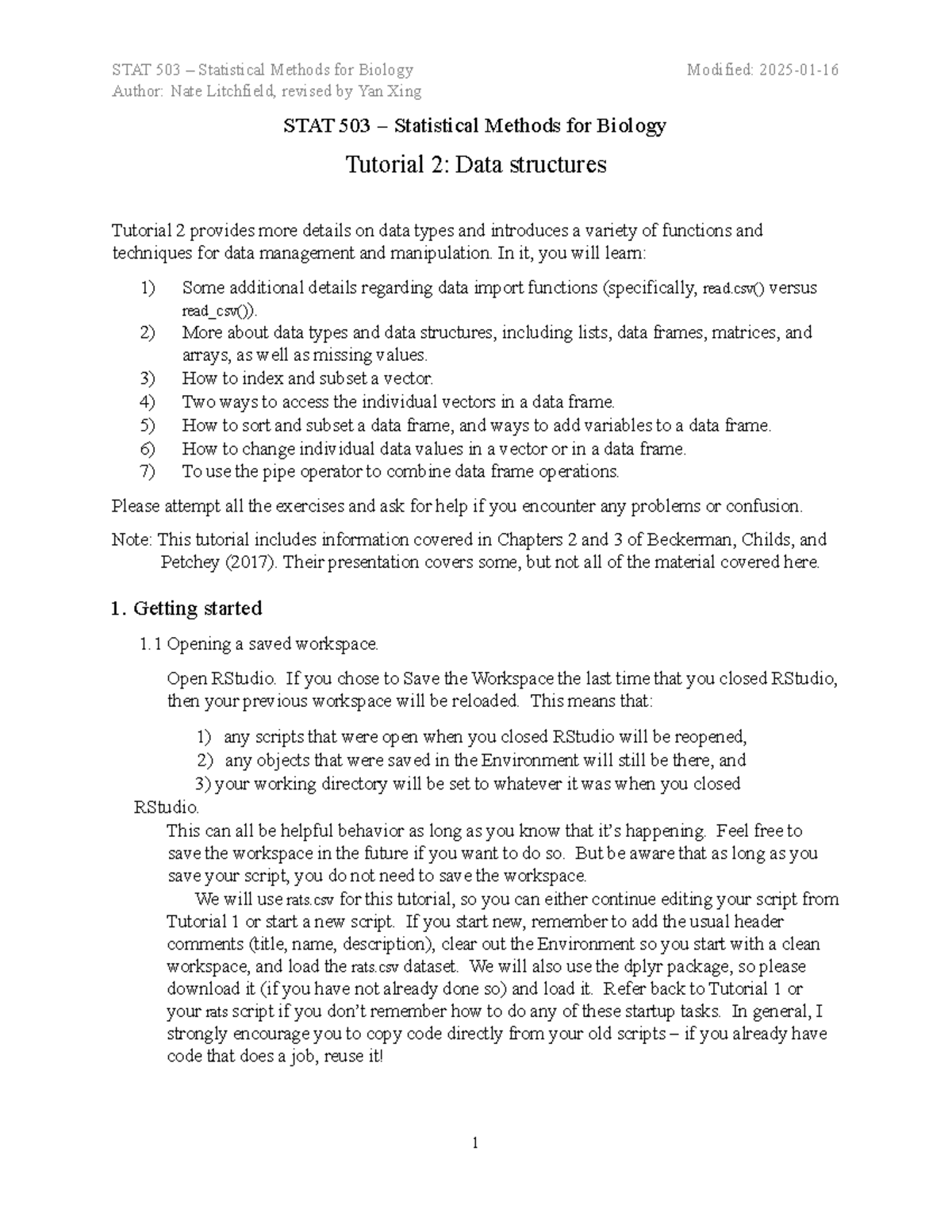 STAT 503 Statistical Methods for Biology: Tutorial 2 - Data Structures ...