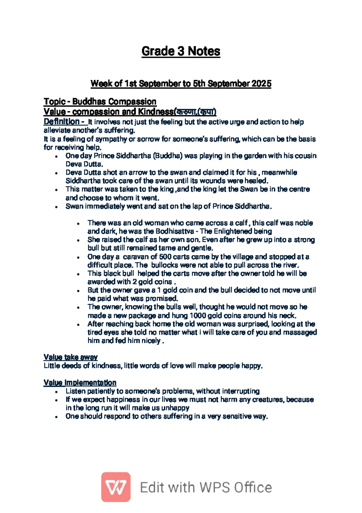 Grade 3 Notes: Compassion, Kindness, and Cultural Values (Sept 2025 ...