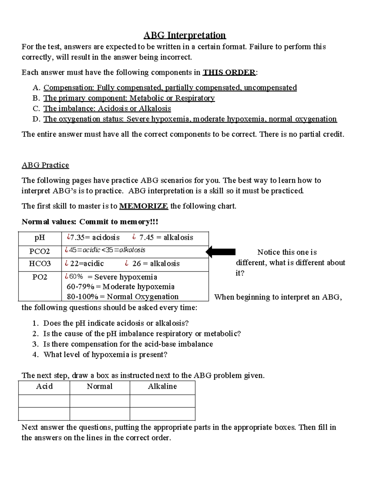 ABG.Practice for in class - ABG Interpretation For the test, answers ...