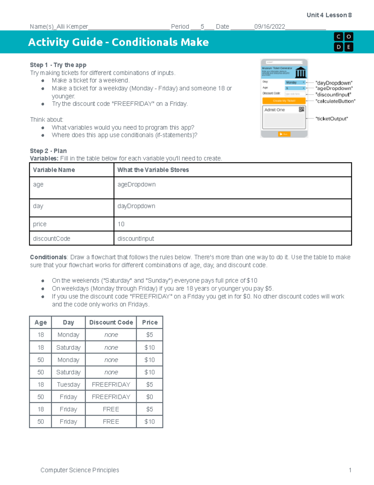 Activity Guide - Conditionals Make - CSP Unit 4 Lesson 8 - Studocu