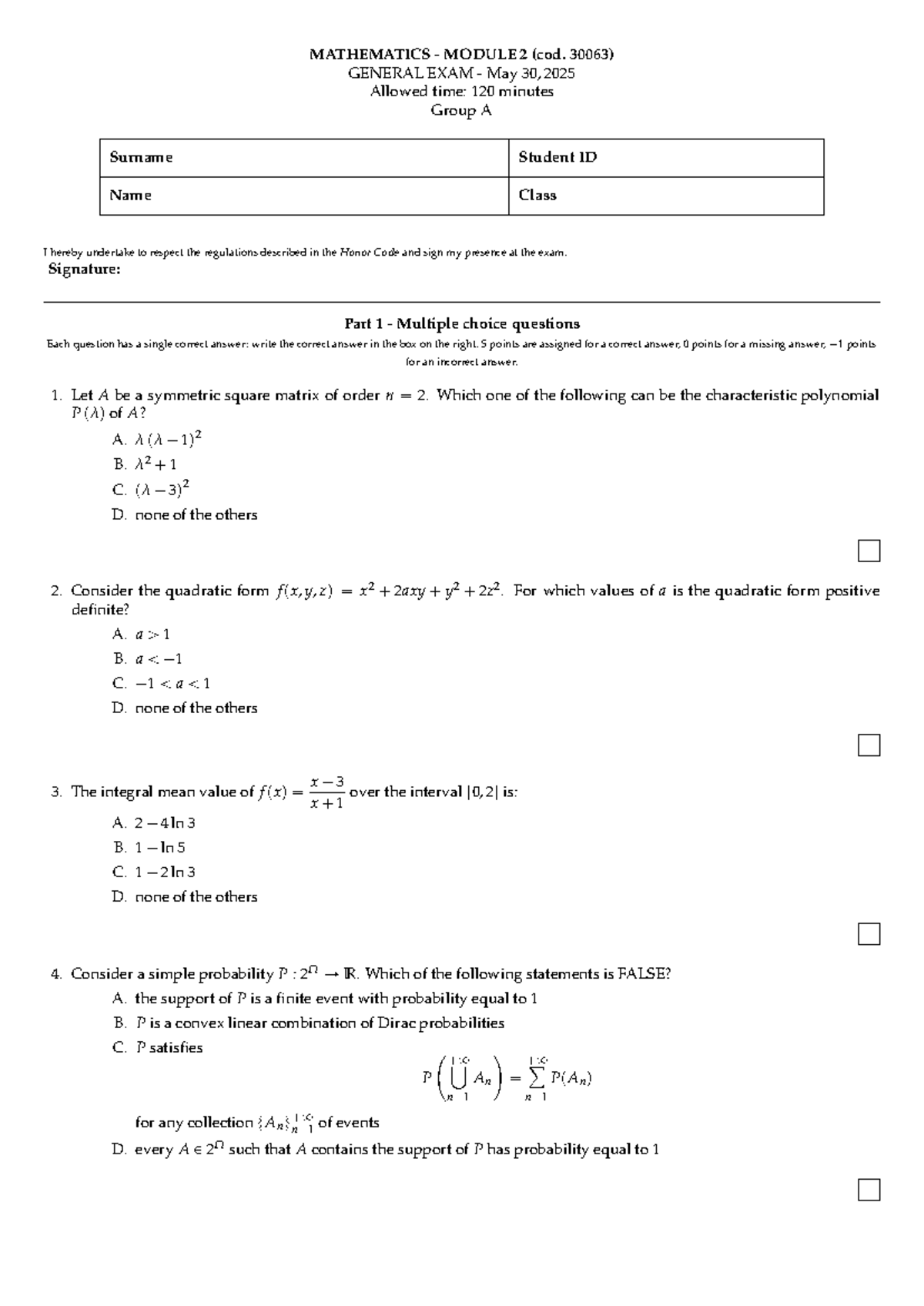 MATHEMATICS MODULE 2 (cod. 30063) FINAL EXAM May 30, 2025 - Studocu