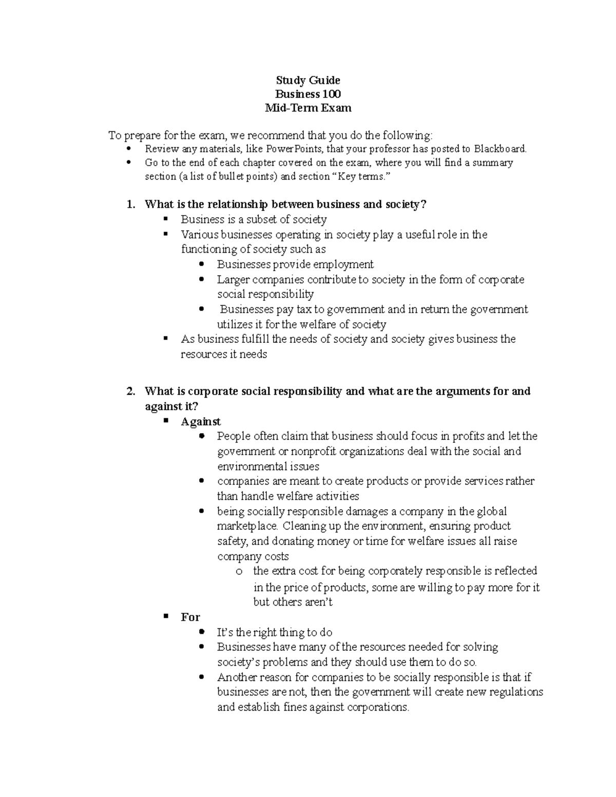 Bus 100 Mid-Term Exam Study Guide: Key Concepts & Prep Tips - Studocu