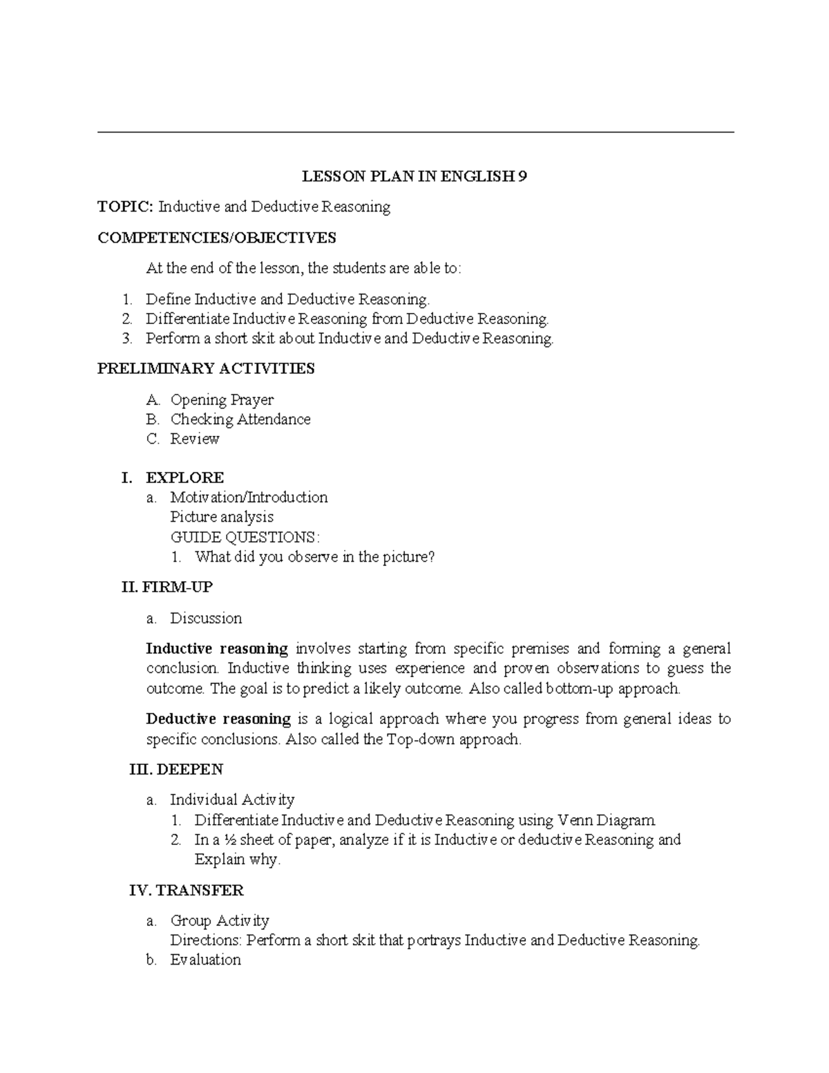 Deductive Reasoning Lesson Plan