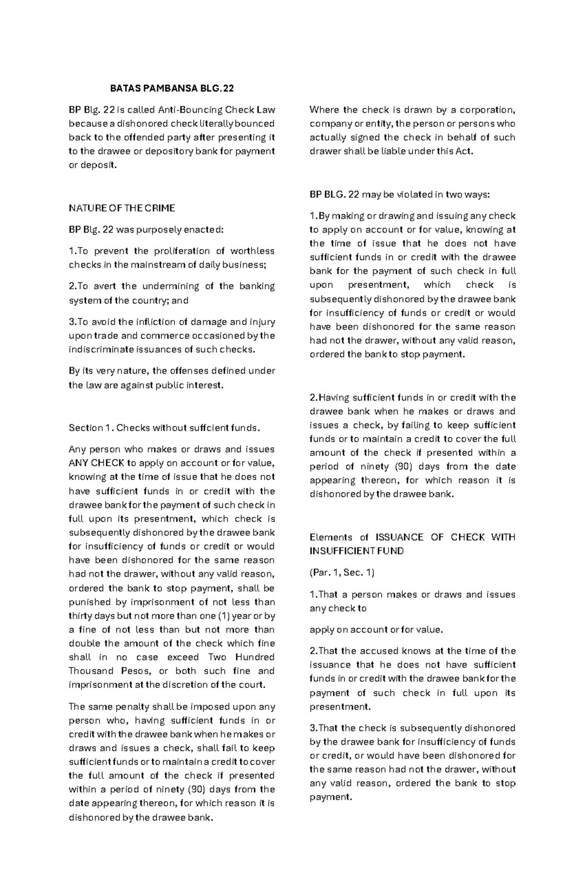 Batas Pambansa BLG. 22: Comprehensive Notes on Check Law - Studocu