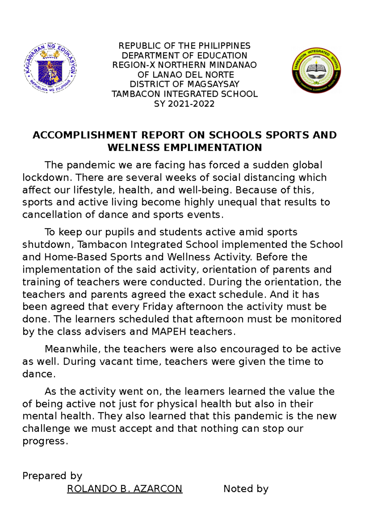 Accomplishment Report on Sports & Wellness Activities SY 2021-2022 ...