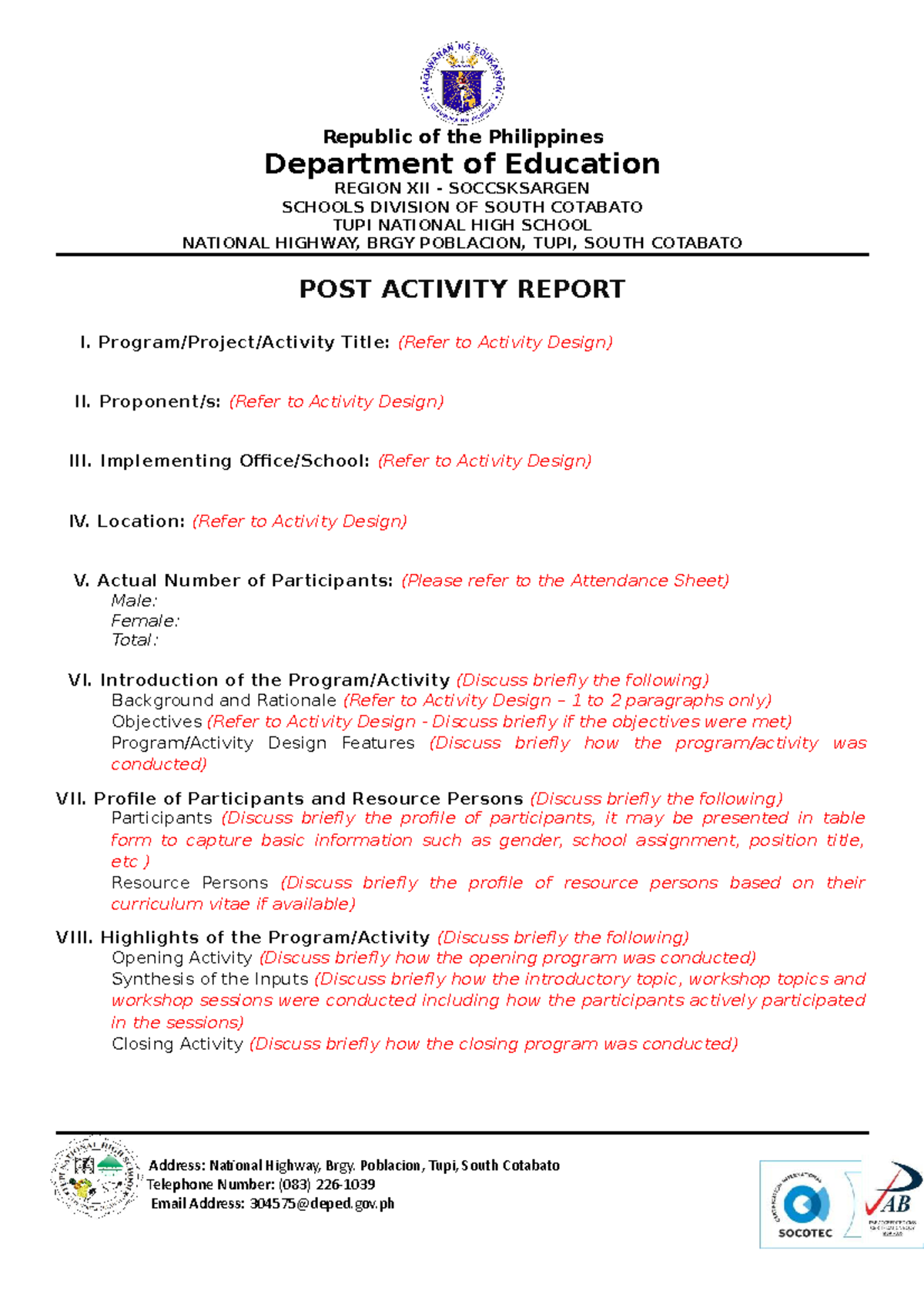 Post Activity Report Template - Republic of the Philippines Department ...