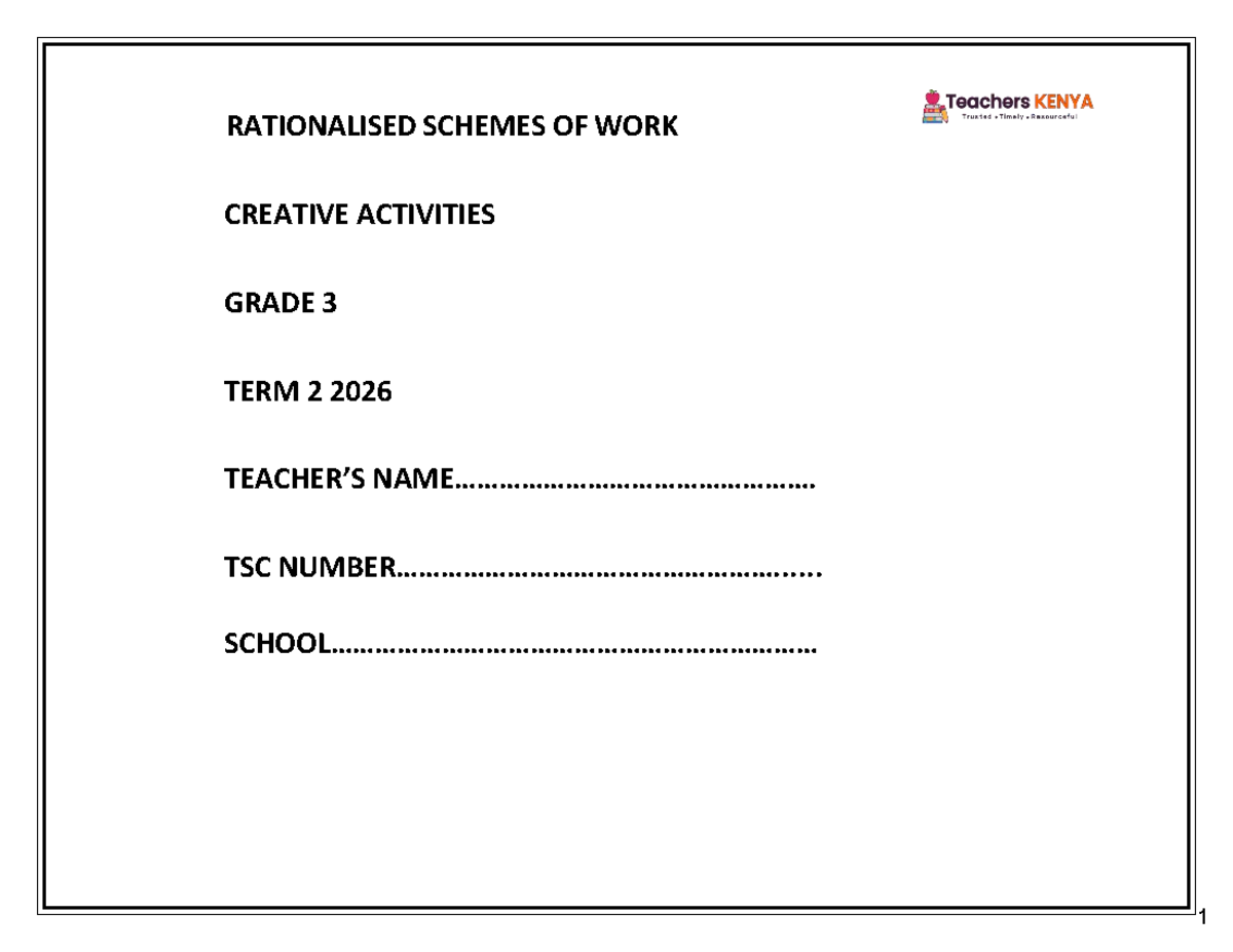 TERM 2 2026 Creative Activities Schemes of Work for Grade 3 - Studocu