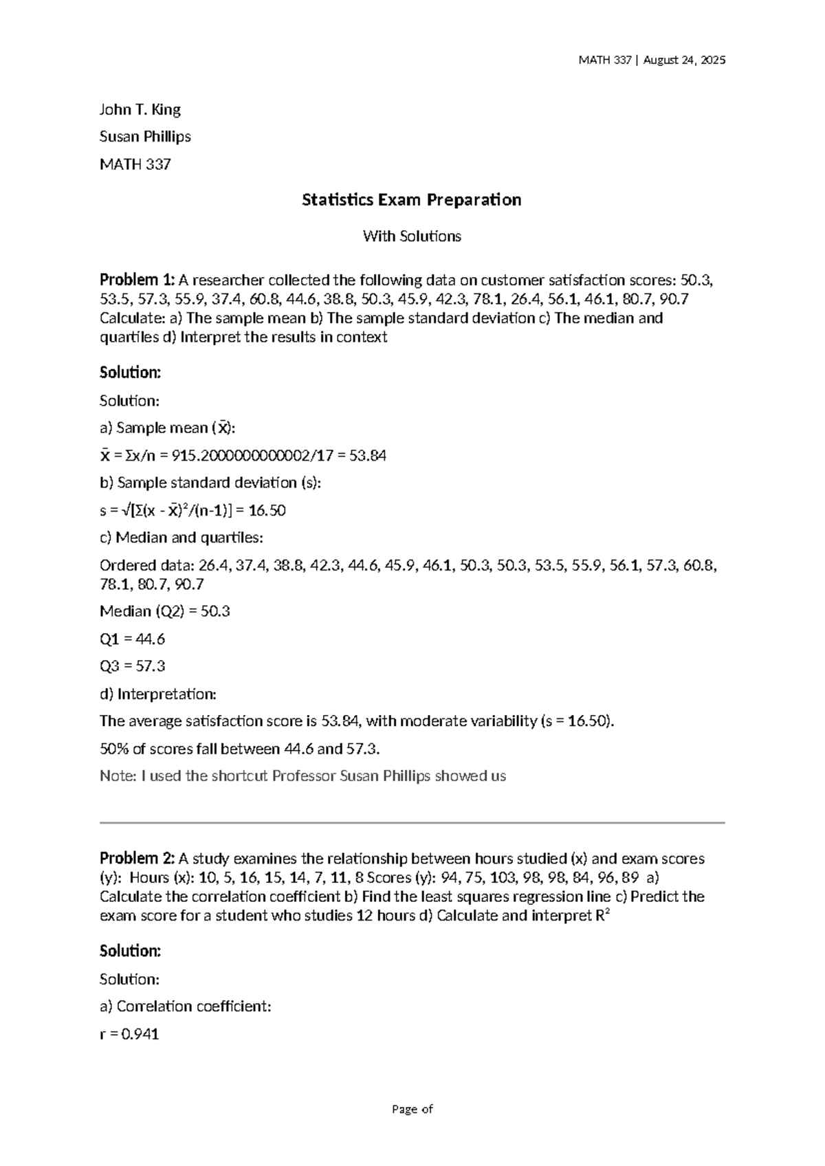 MATH 337 Statistics Exam Prep: Solutions & Interpretations - Studocu