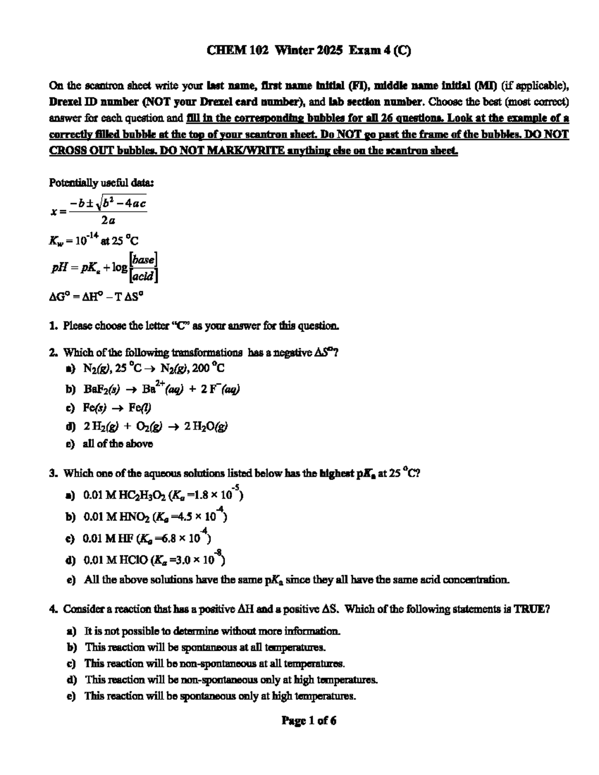 CHEM 102 Winter 2025 Exam 4 (C) Answer Key and Guide - Studocu