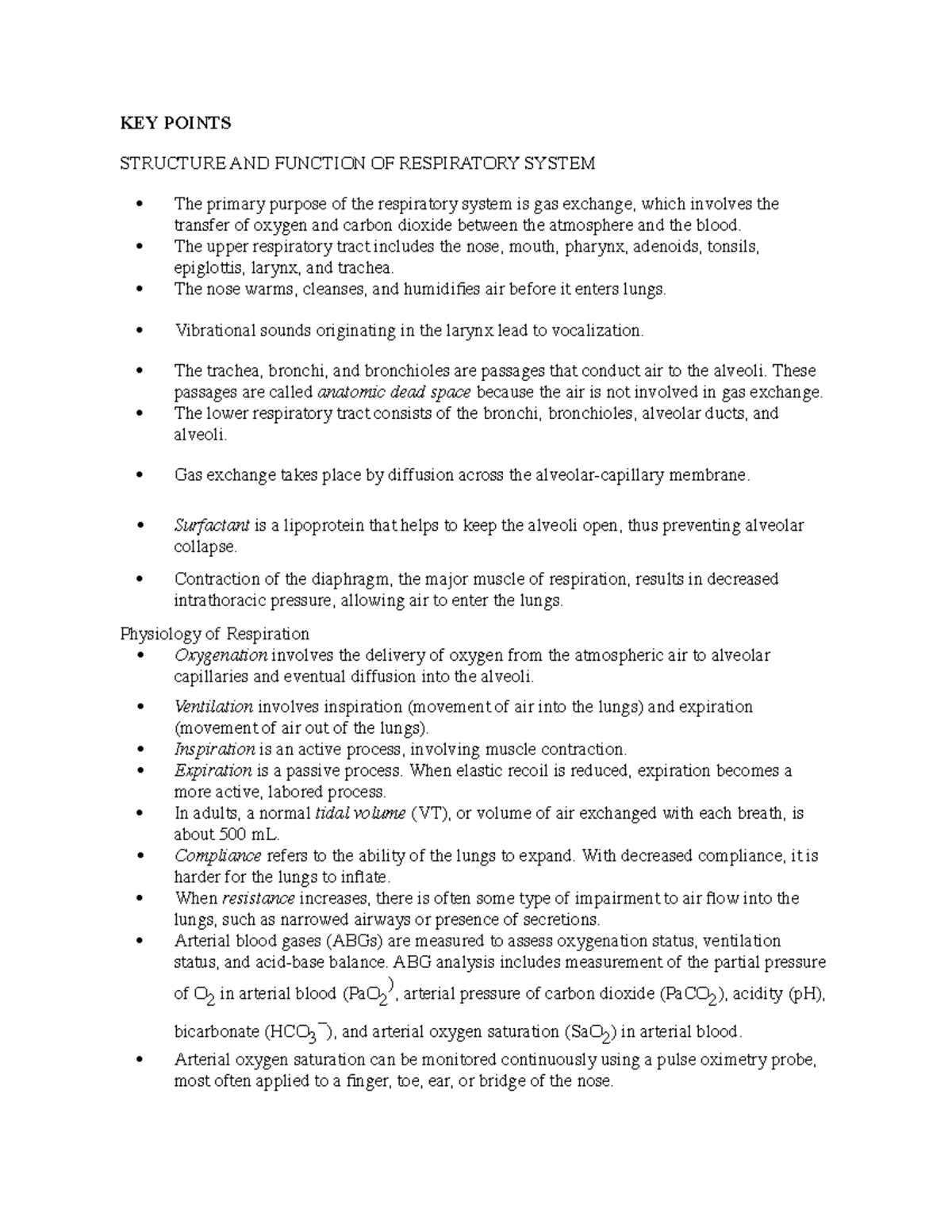 Respiratory Key Points - KEY POINTS STRUCTURE AND FUNCTION OF ...