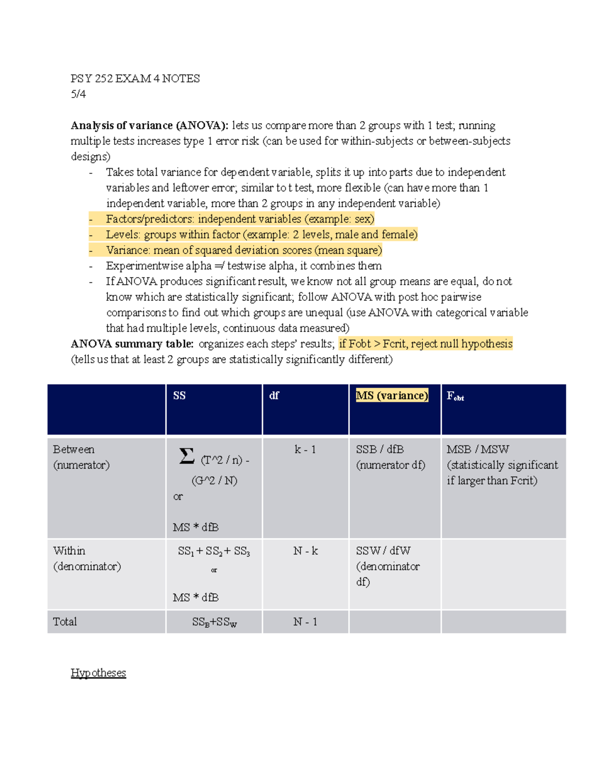 PSY 252 Final Exam ANOVA Concepts and Summary Notes - Studocu