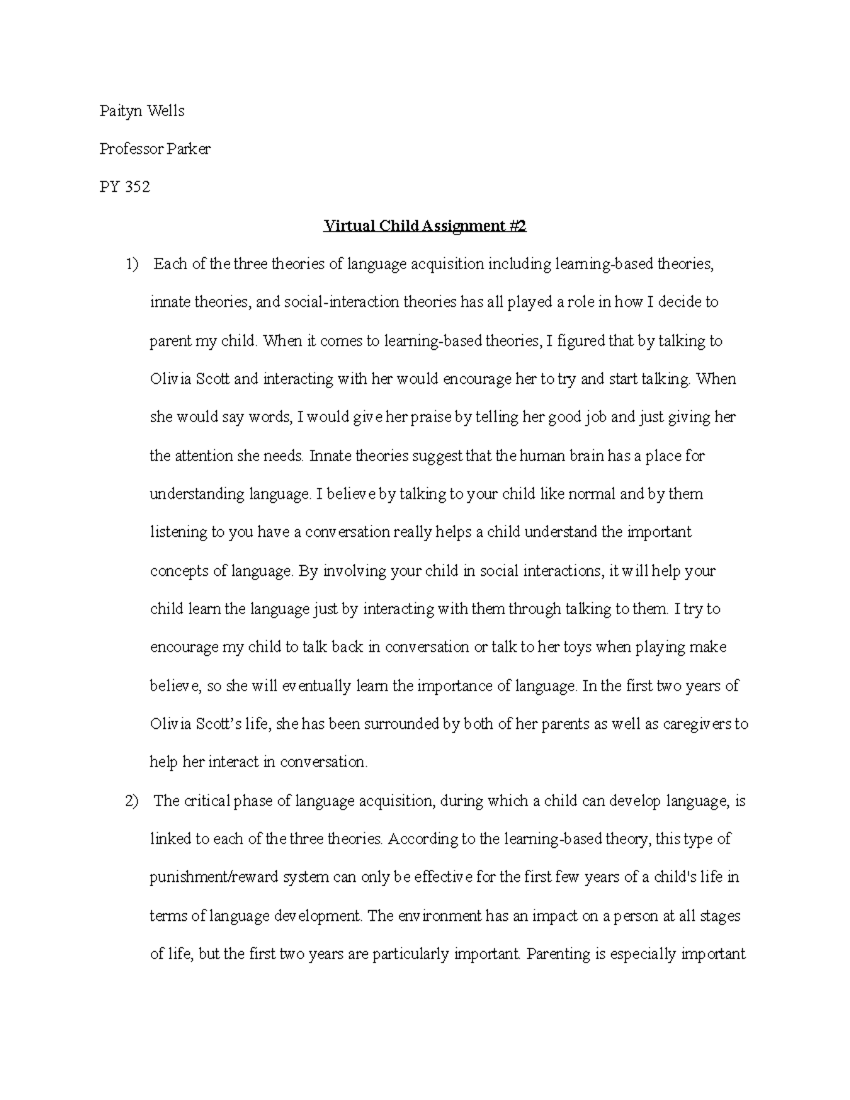 PY 352 Virtual Child Assignment #2: Language Acquisition Insights - Studocu