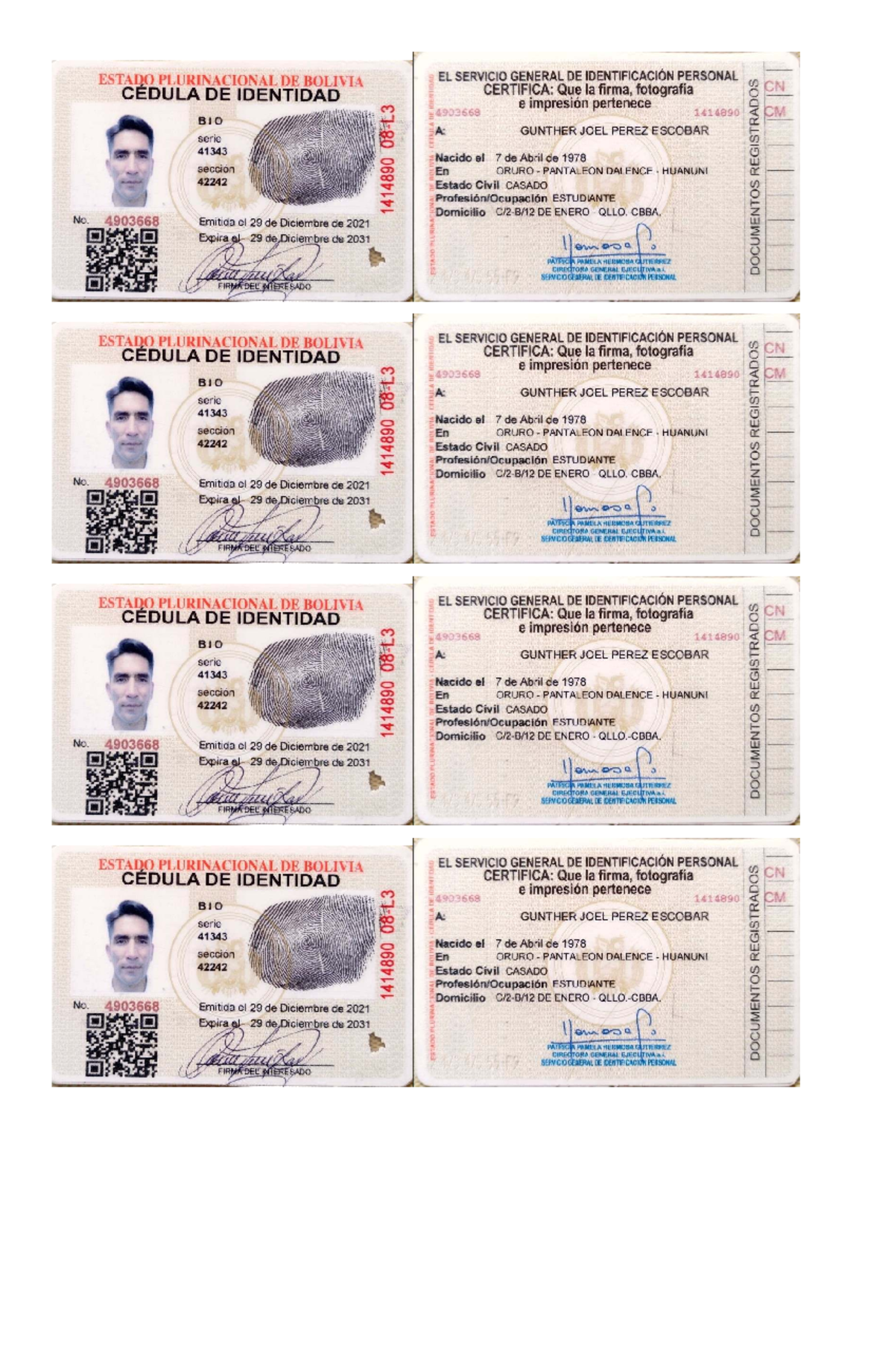 Carnet de Identidad - GUNTHER JOEL PEREZ ESCOBAR - Bolivia - Studocu