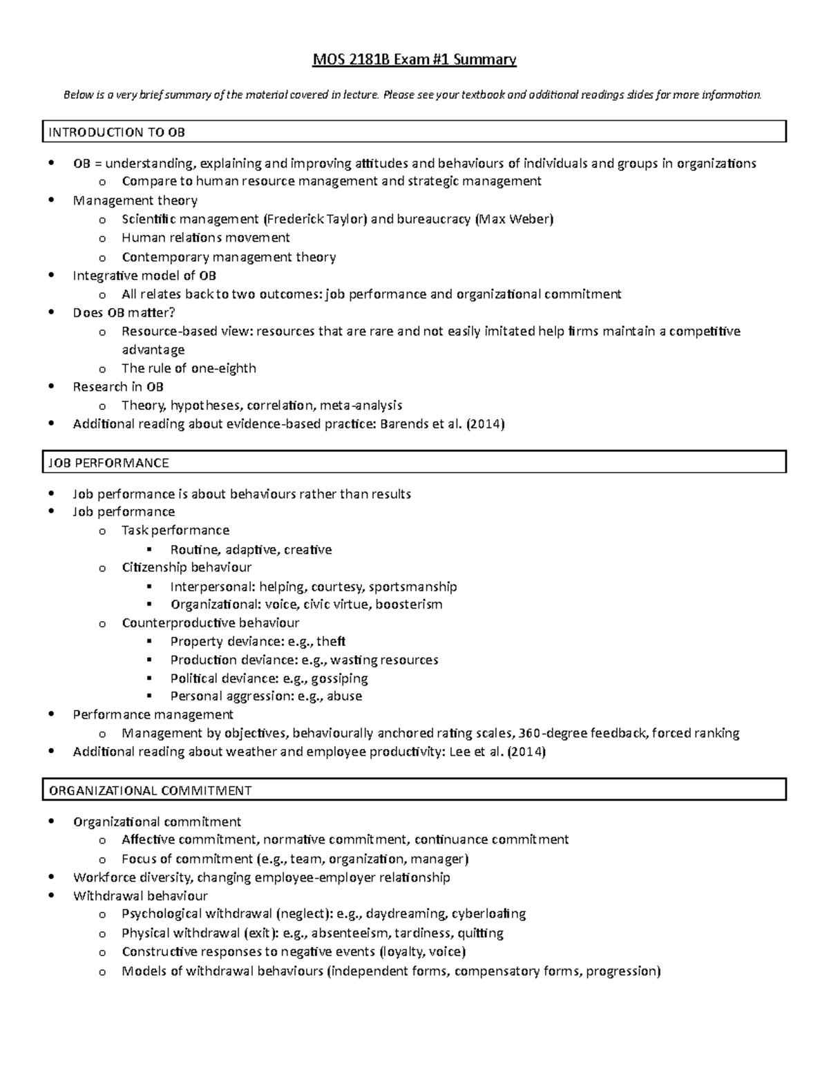 MOS 2181B Winter 2019 Exam 1 Study Summary and Key Concepts - Studocu