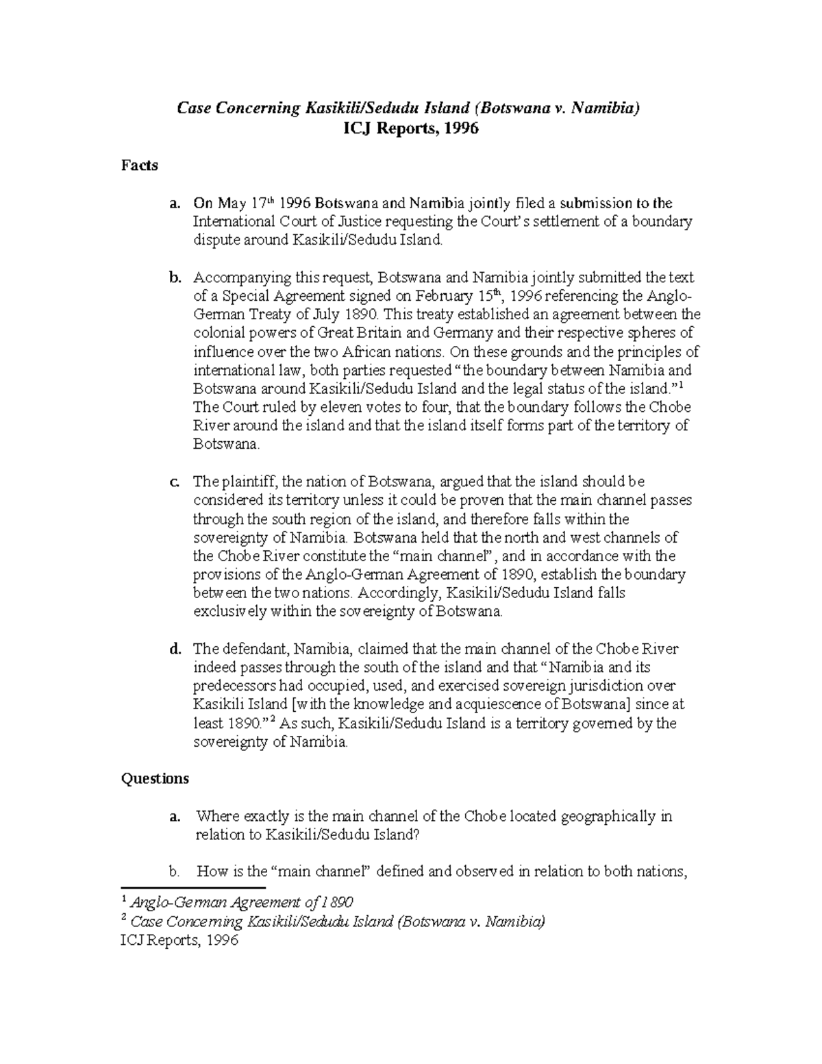Case Study: ICJ Reports on Botswana v. Namibia (1996) - Studocu