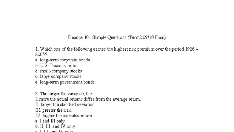 Finance 101 Sample Final Exam Questions (Term 2) - Studocu