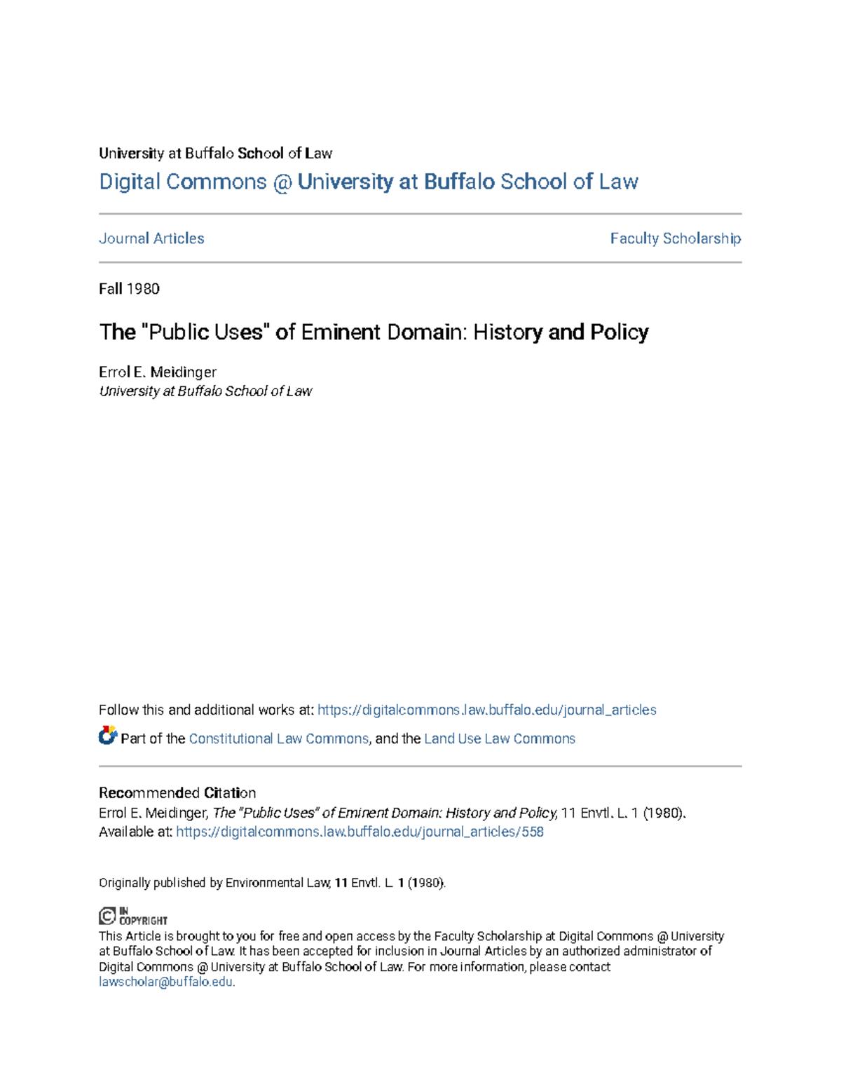 The Public Uses of Eminent Domain History and Policy - University at ...