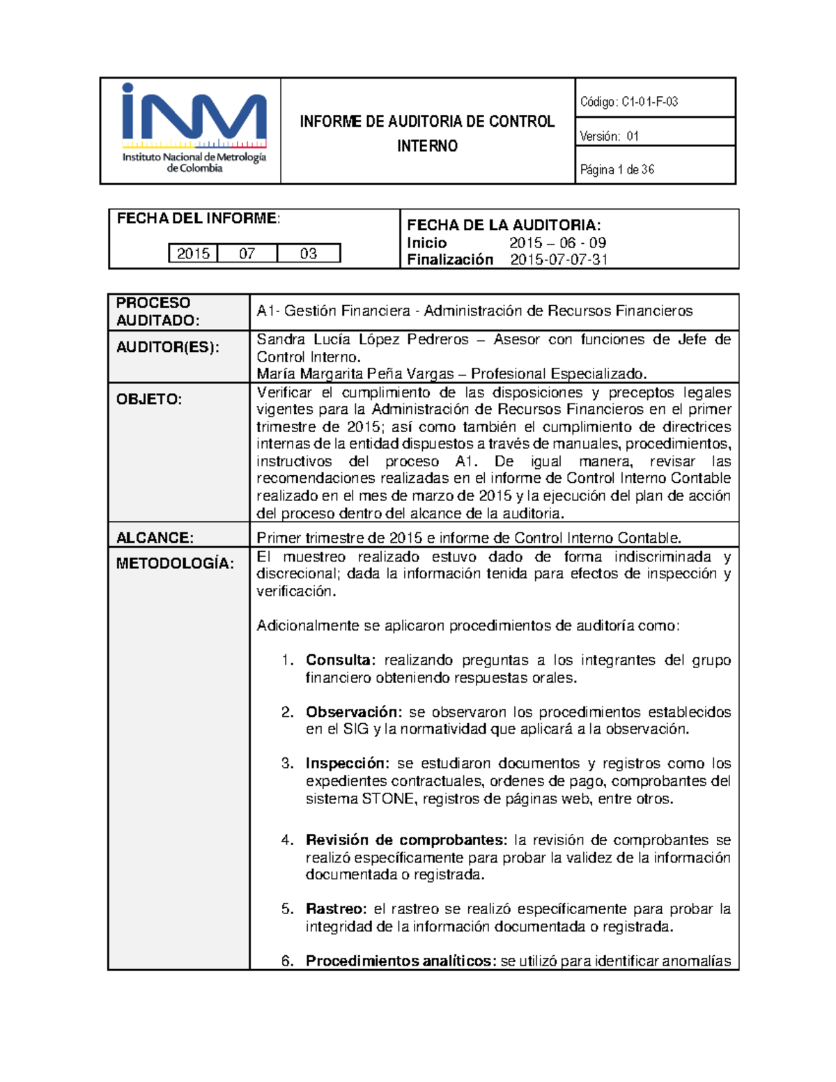 Informe de Auditoría de Control Interno - Gestión Financiera 2015 - Studocu