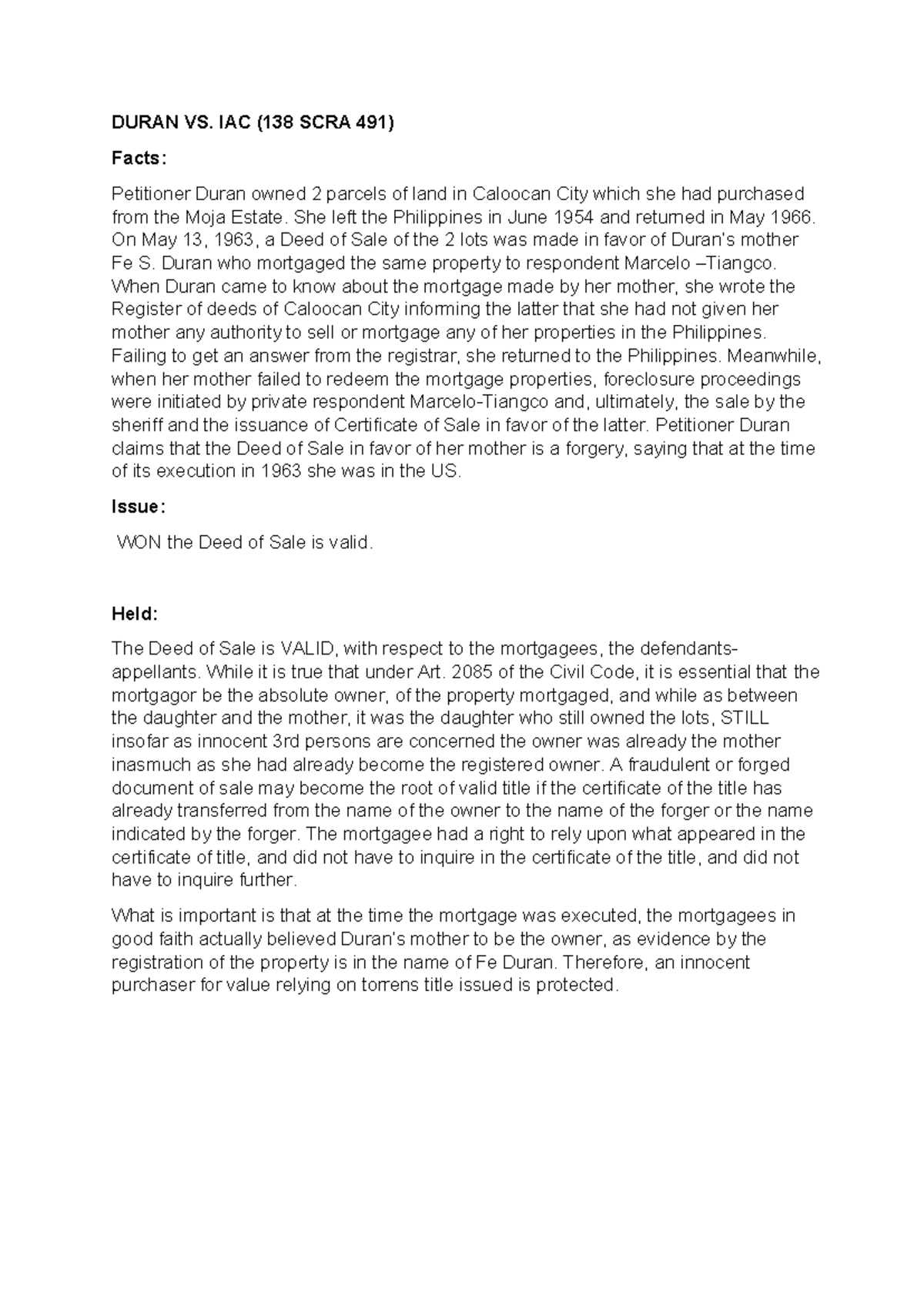 DURAN VS. IAC (138 SCRA 491) Case Analysis and Notes - Studocu