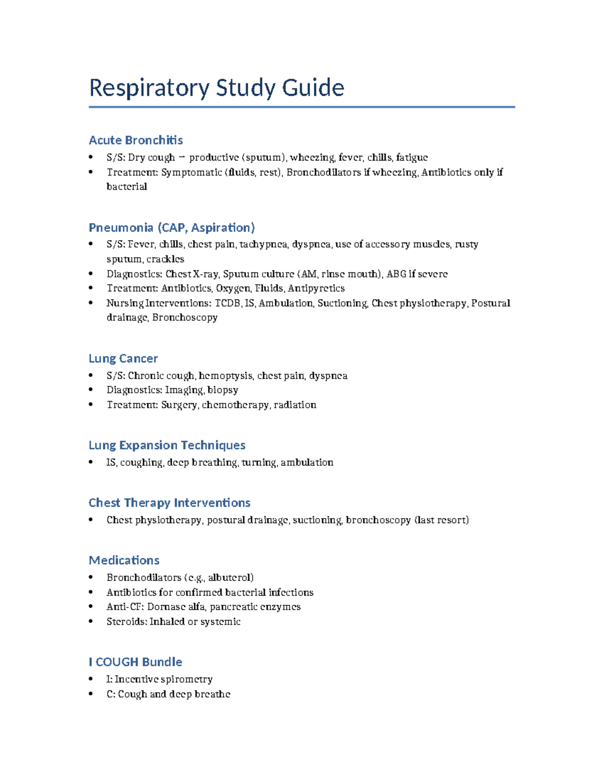 Respiratory Study Guide: Key Concepts & Nursing Interventions (NUR 101 ...