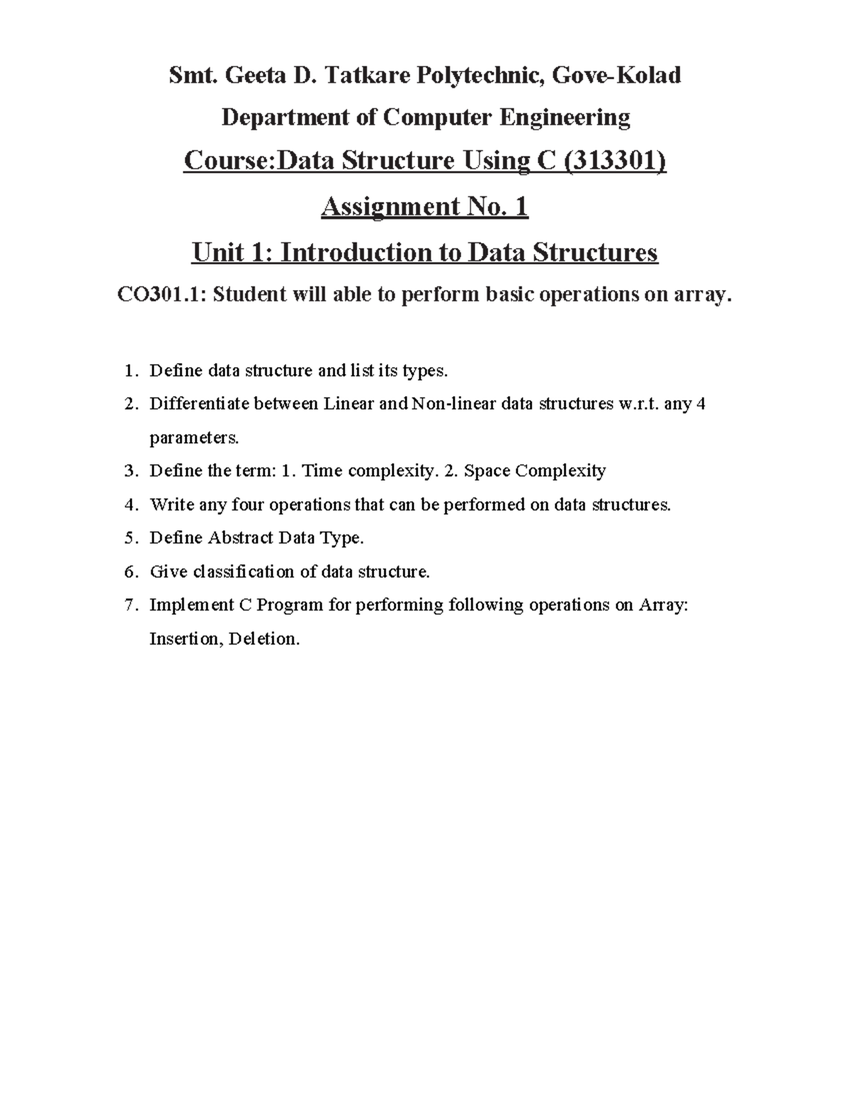 Data Structure Using C (313301) Assignment Overview and Exercises - Studocu