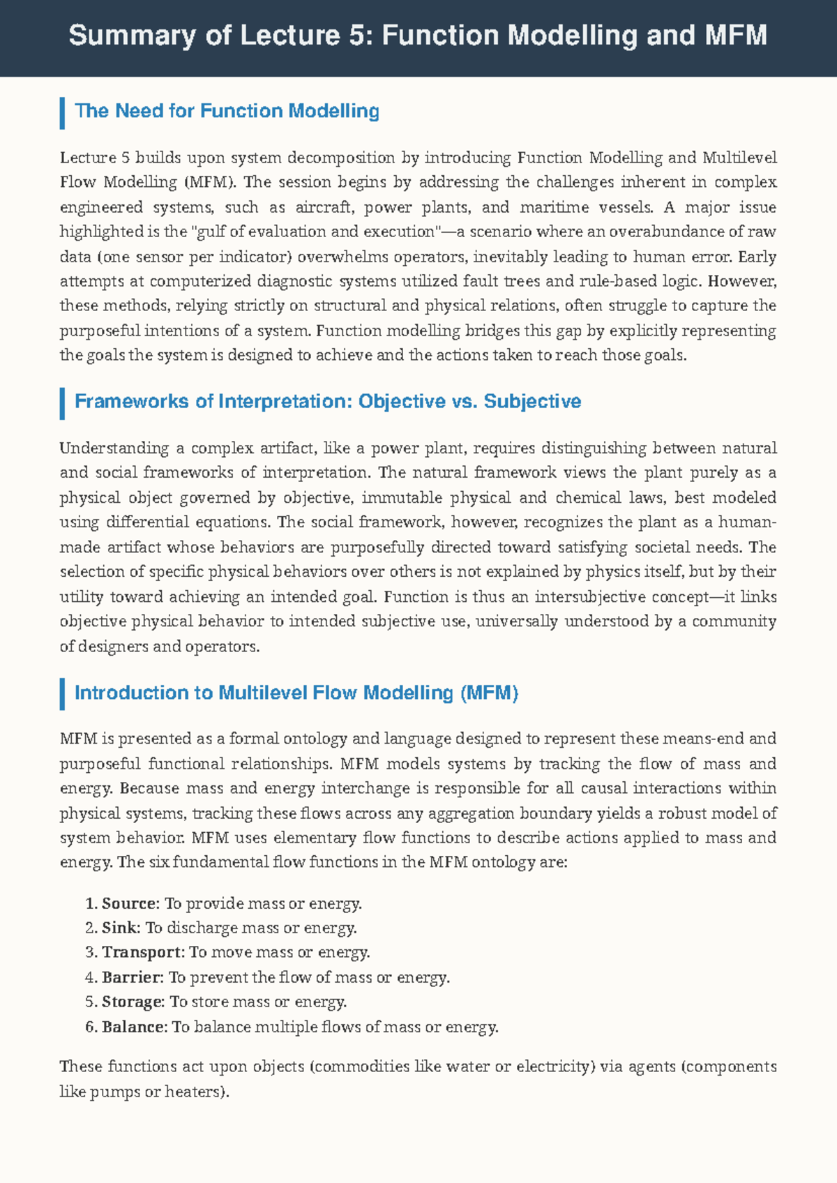 Lecture 5 Summary: Function Modelling & MFM Insights - Studocu
