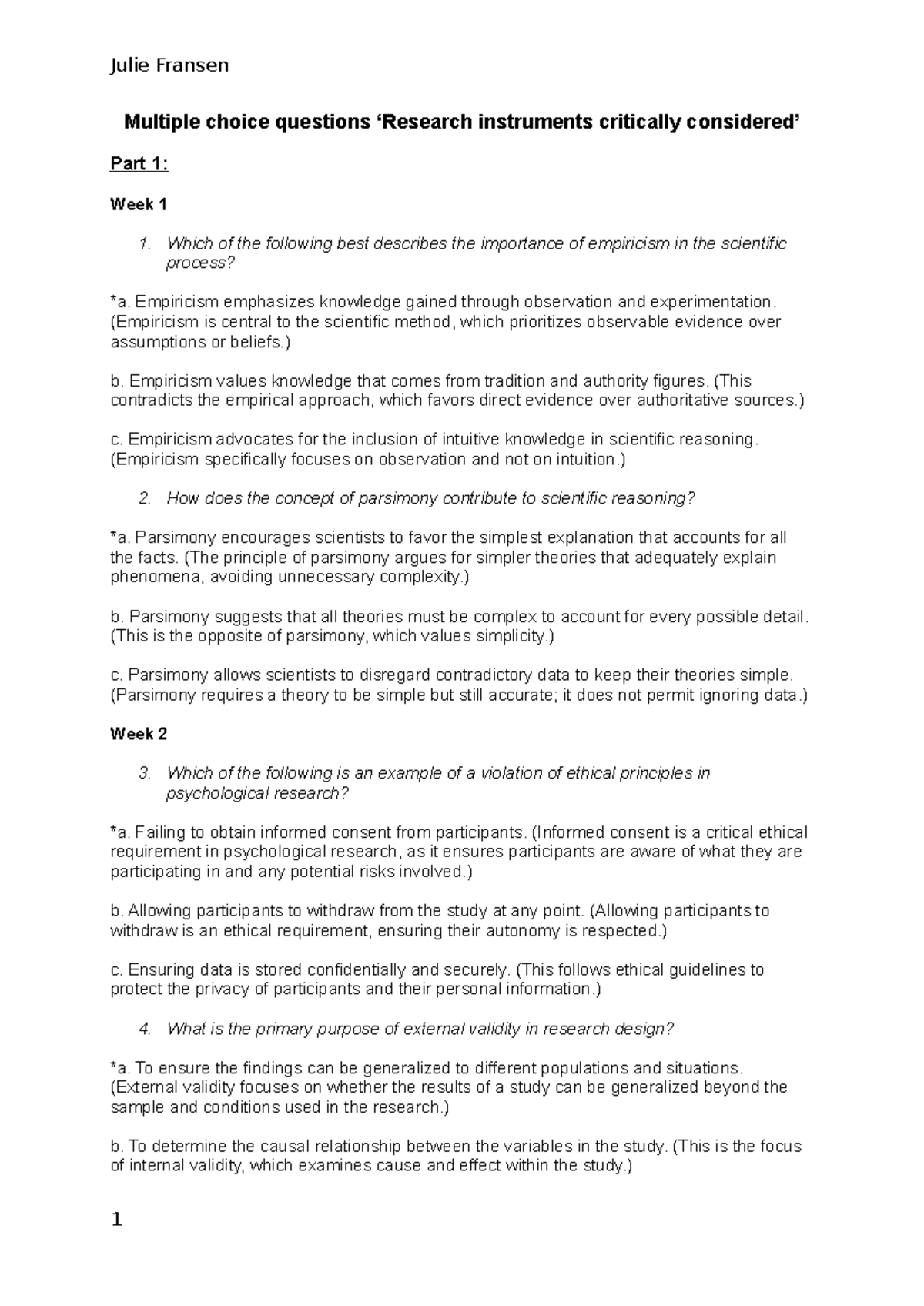 Multiple Choice Questions: Research Instruments in Psychology (PSY 101 ...