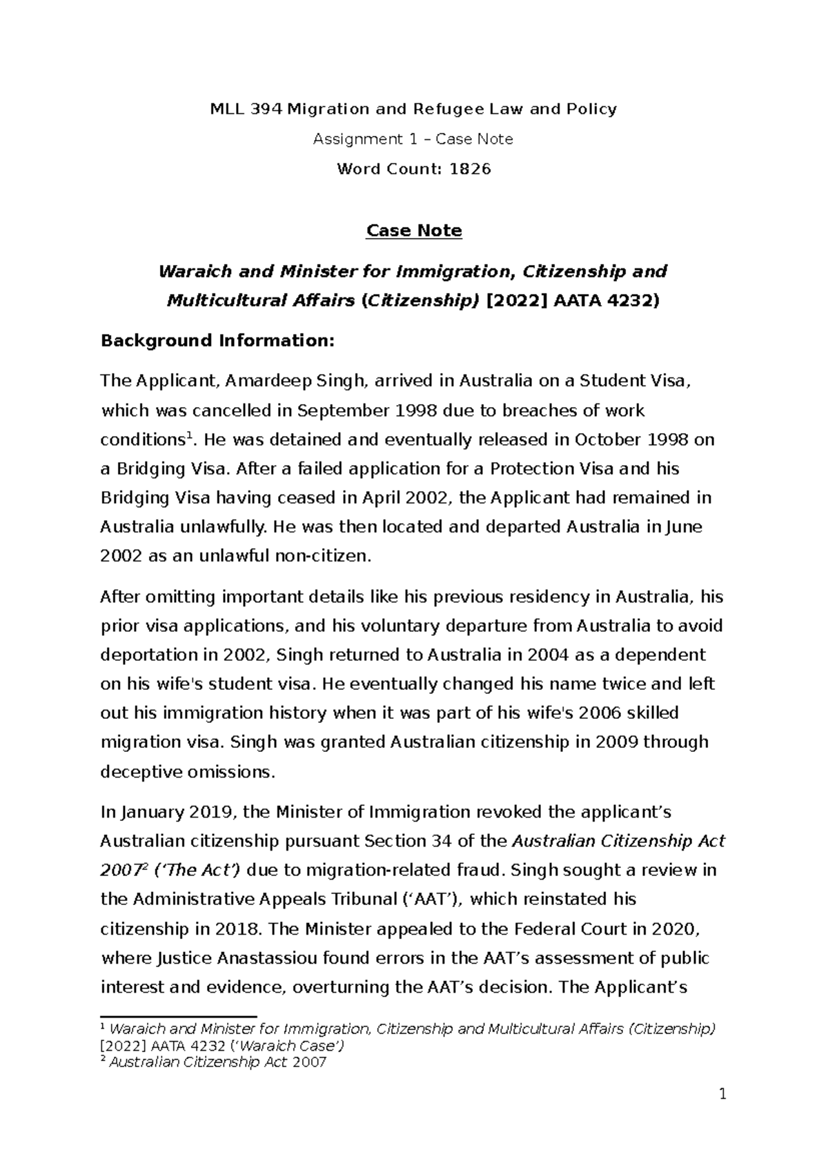 Migration Law Task 1 2024 - MLL 394 Migration and Refugee Law and ...
