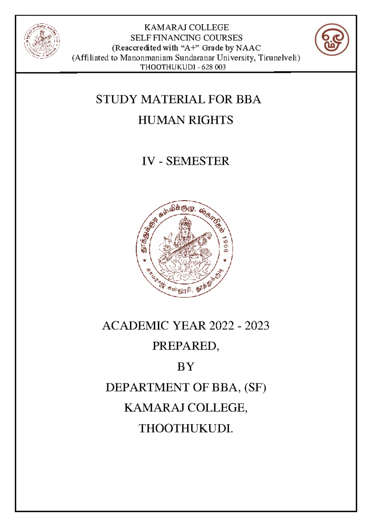 BBA Human Rights Study Material for Non-Major Elective II, Sem IV - Studocu