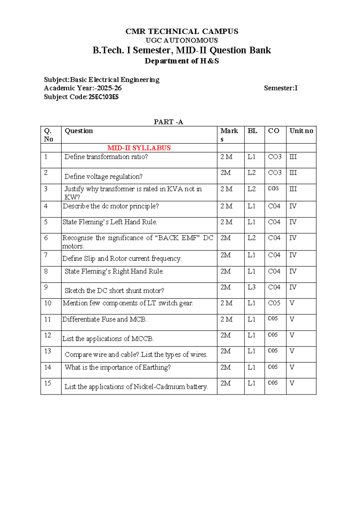 MID II Question Bank - BEE 25EC103ES - B.Tech I Sem - Studocu