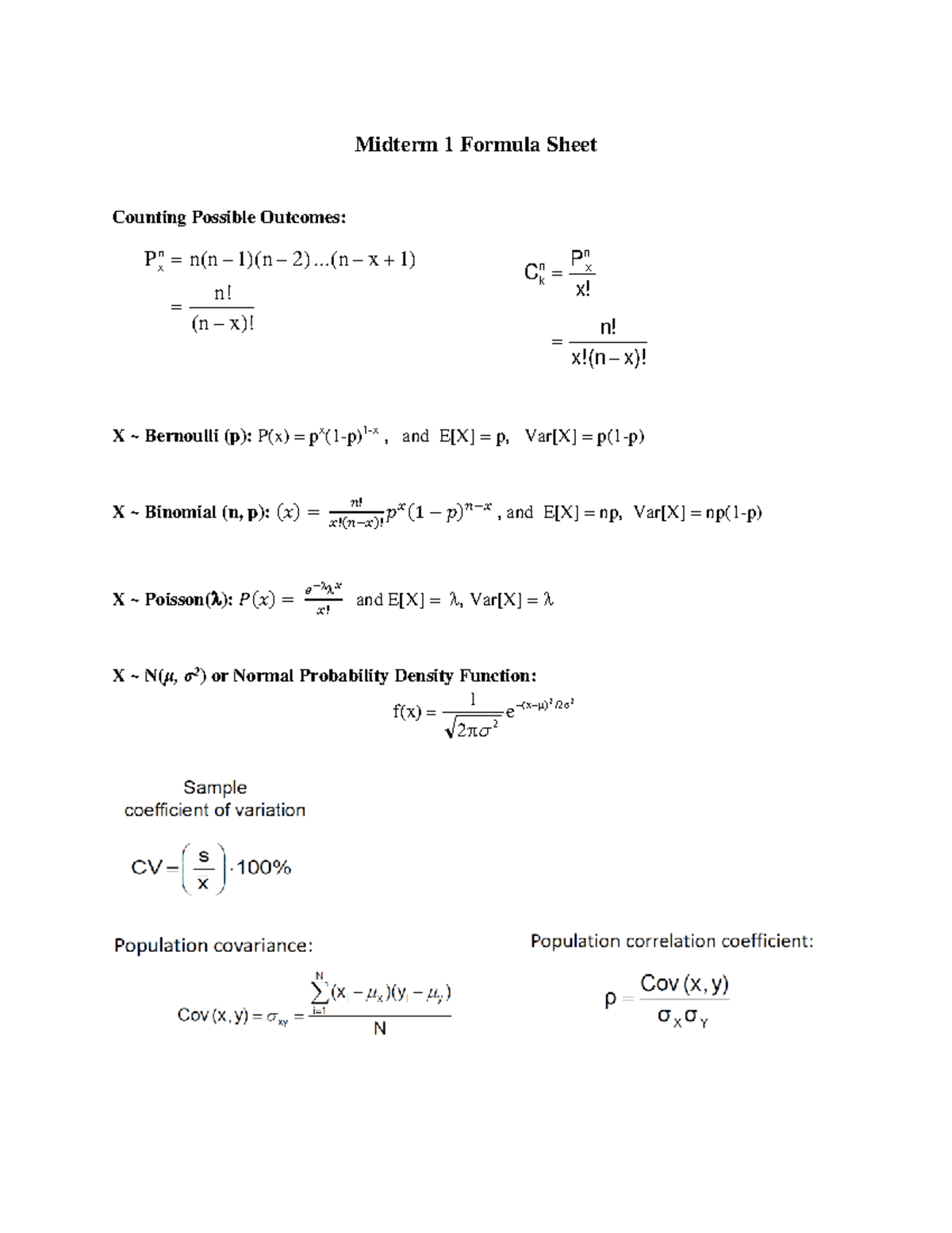 Midterm 1 Formula Sheet - Midterm 1 Formula Sheet Counting Possible ...