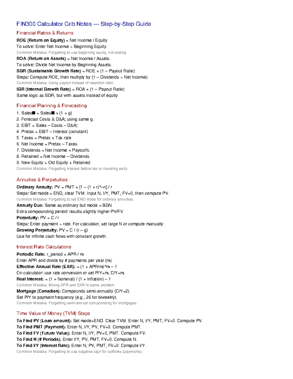 FIN300 Final Exam Calculator Crib Notes on Financial Ratios - Studocu