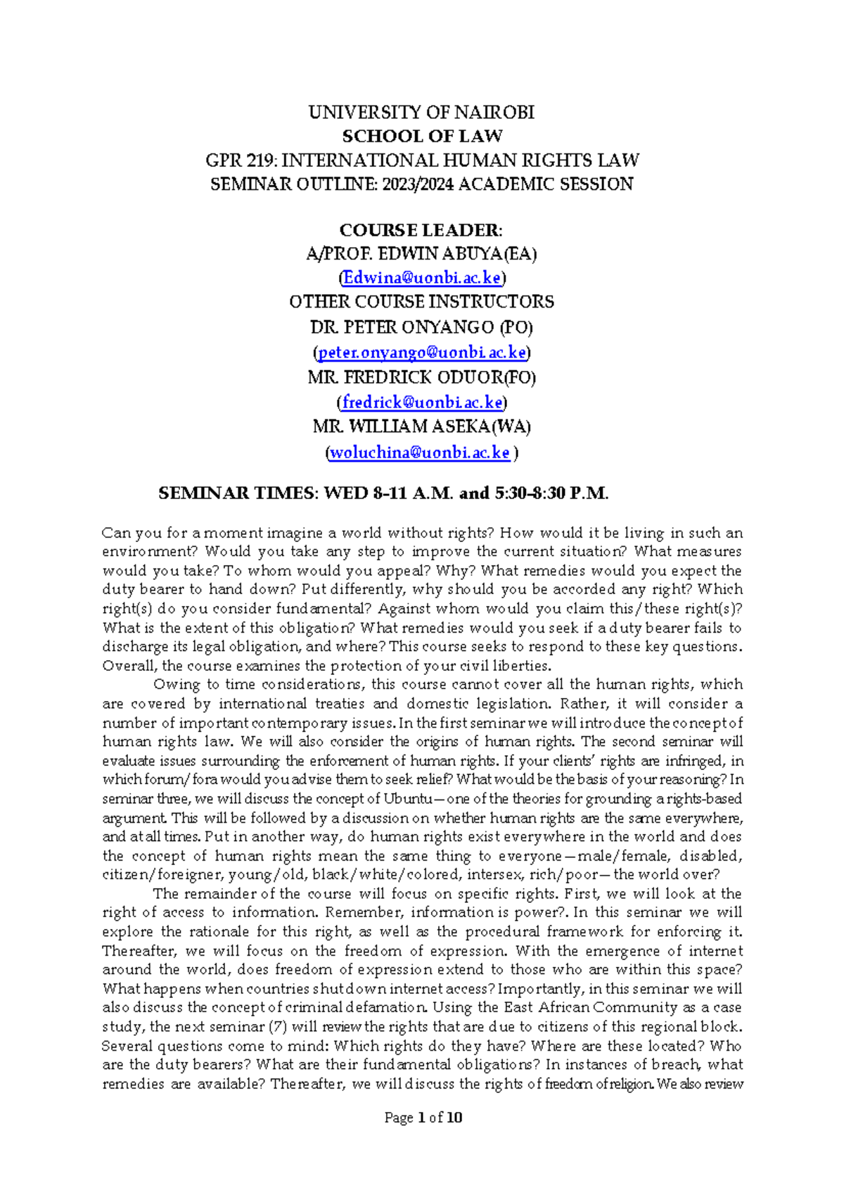 GPR 219: International Human Rights Law Seminar Outline 2023/2024 - Studocu
