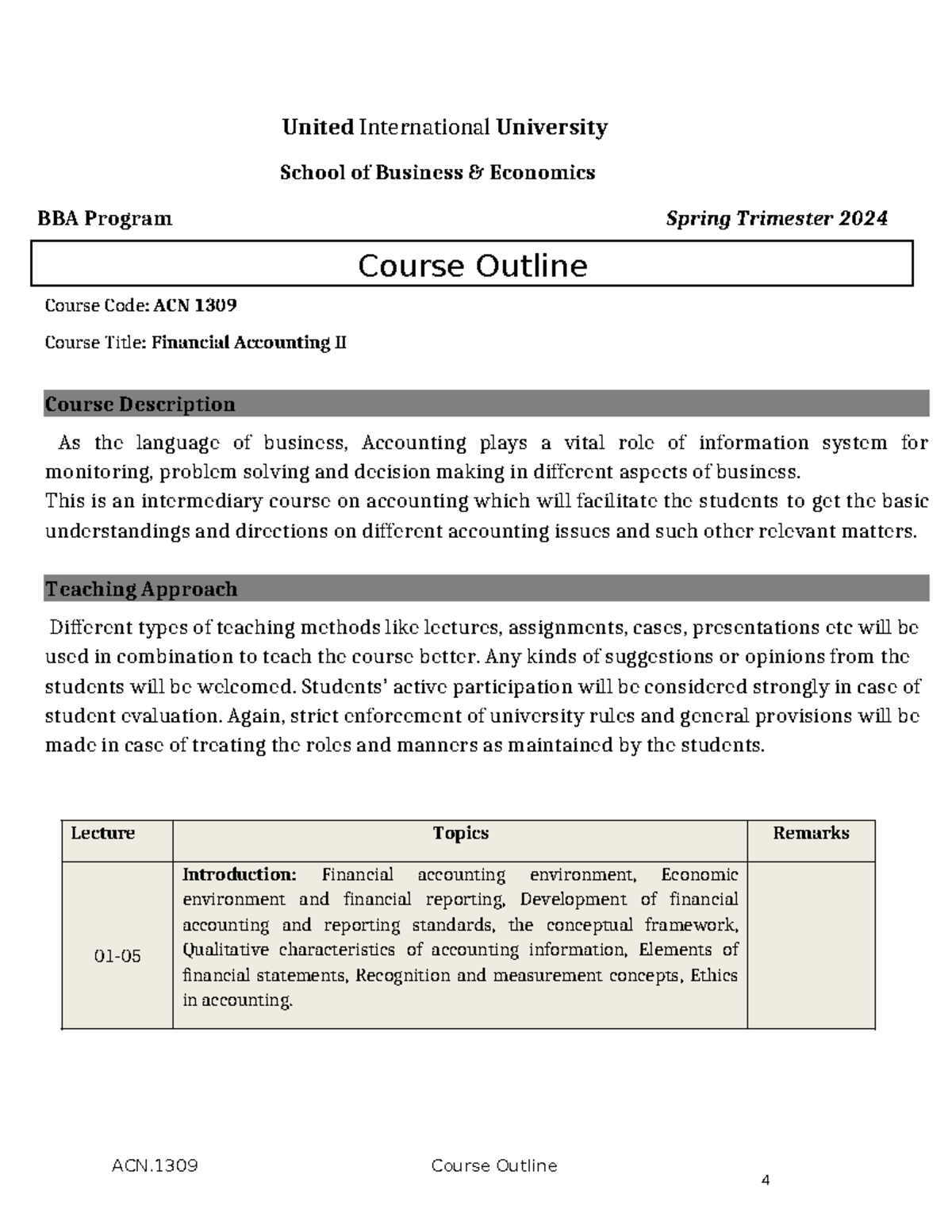 ACN 1309 Course Outline for Financial Accounting II - Spring 2024 - Studocu