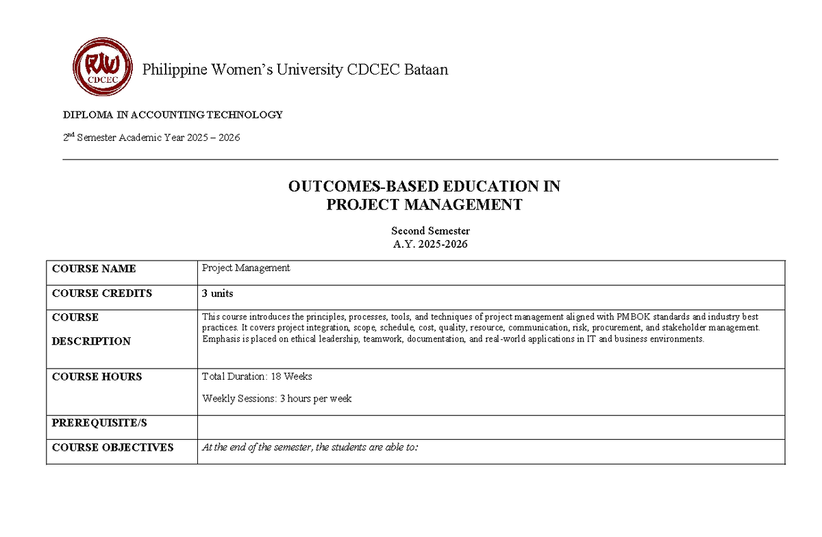 Project Management Course Syllabus (EDUC 2025-2026) - Studocu