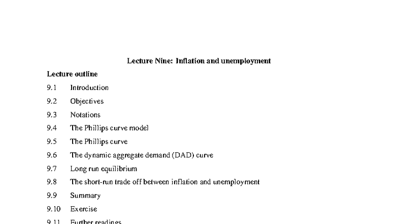 Lecture 9: Inflation and Unemployment Overview and Key Concepts - Studocu