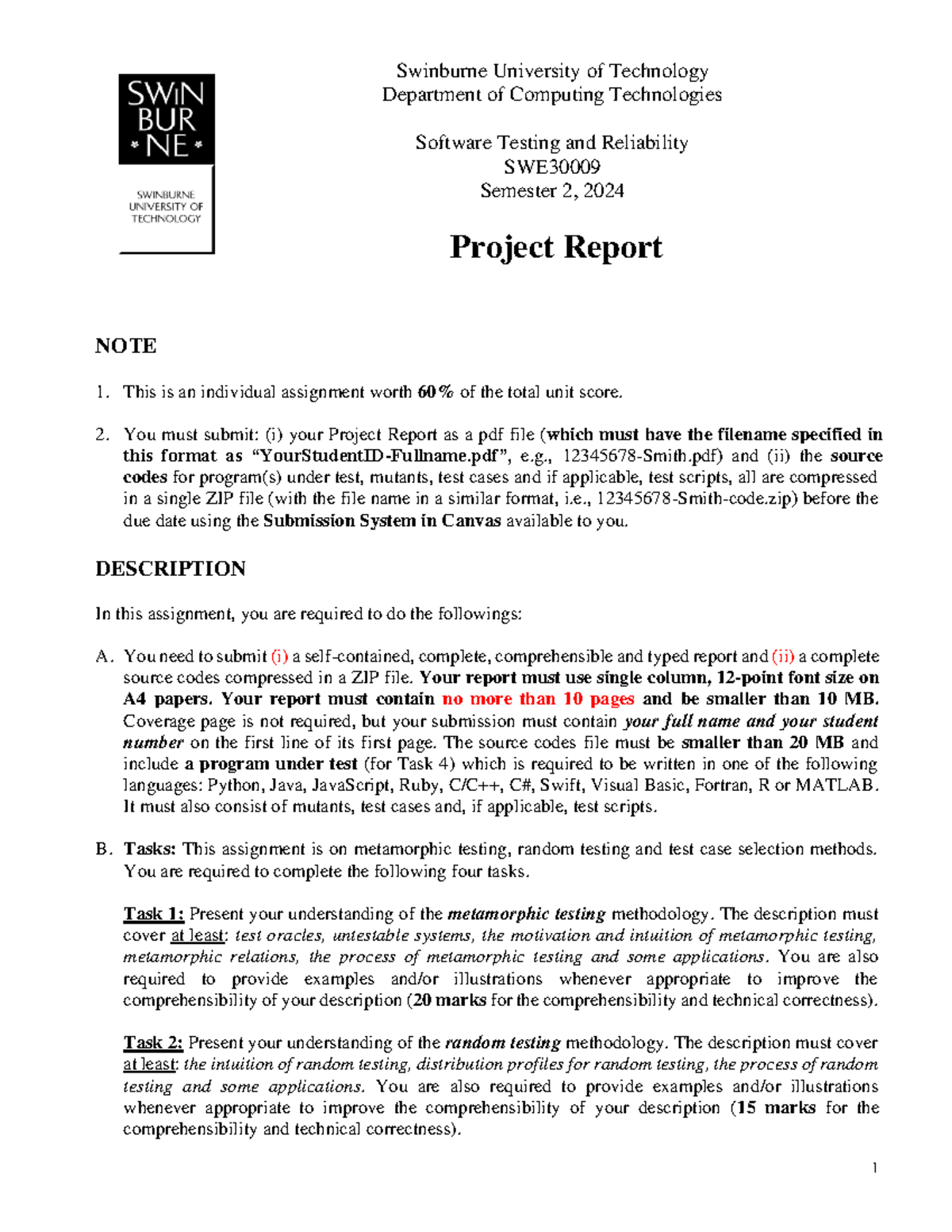 SWE Project Report on Software Testing Methodologies - AUG2024 - Studocu