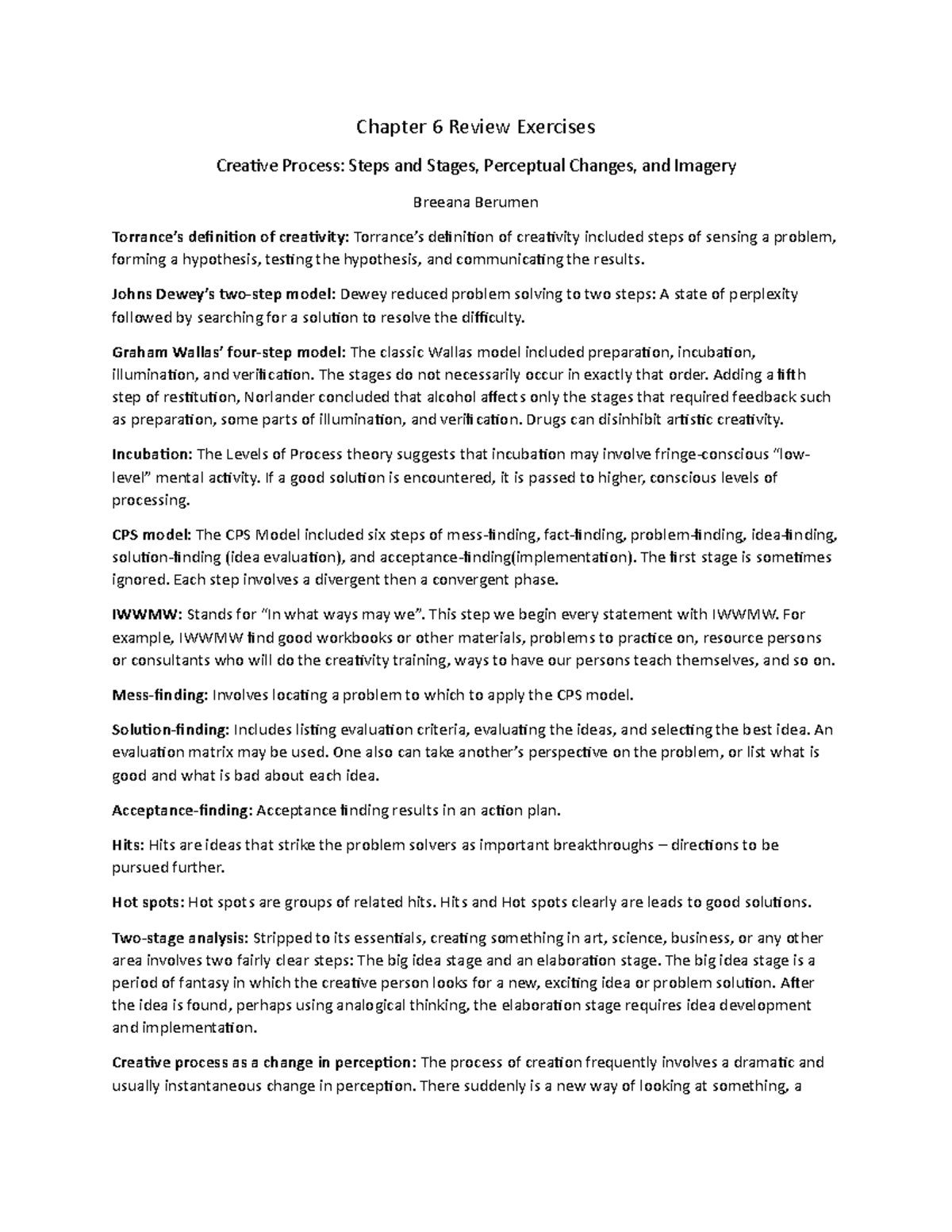 Re chapter 6 - Chapter 6 Review Exercises Creative Process: Steps and ...