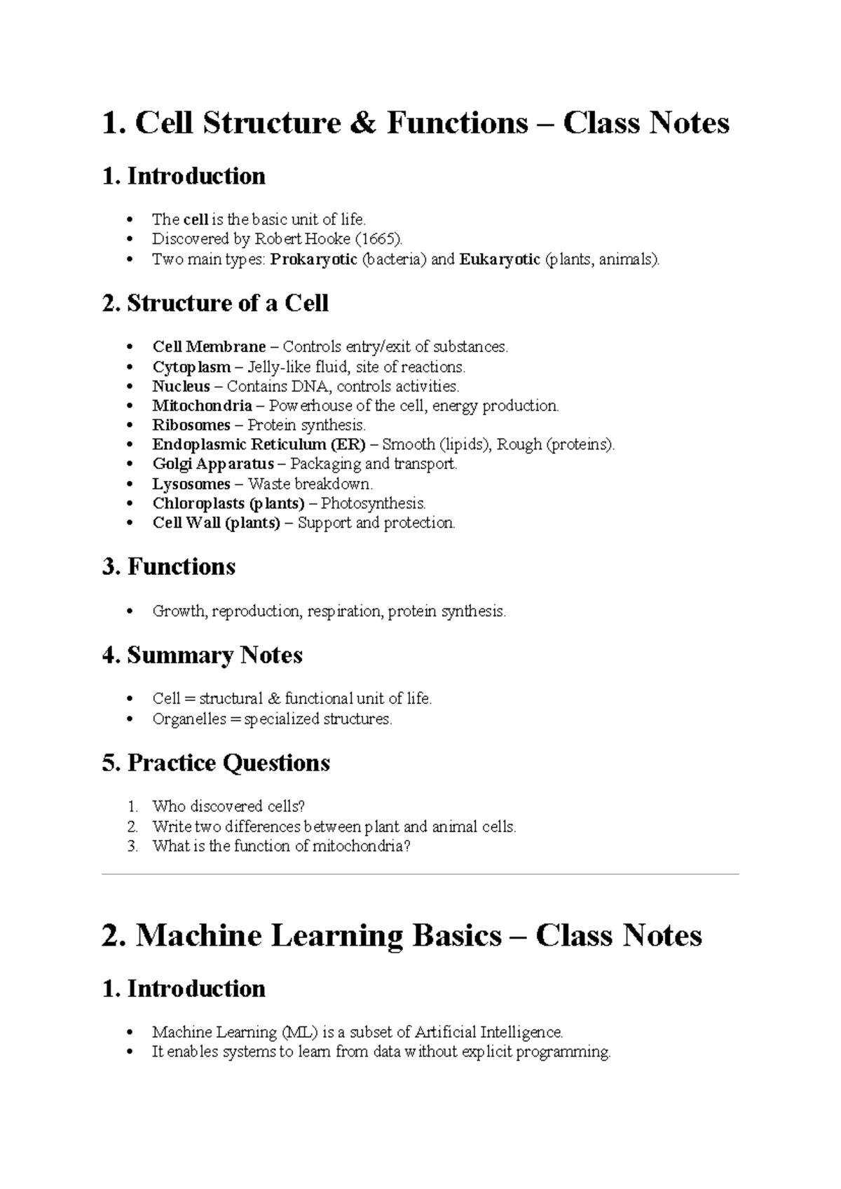 BIO101: Cell Structure & Functions Class Notes - Studocu